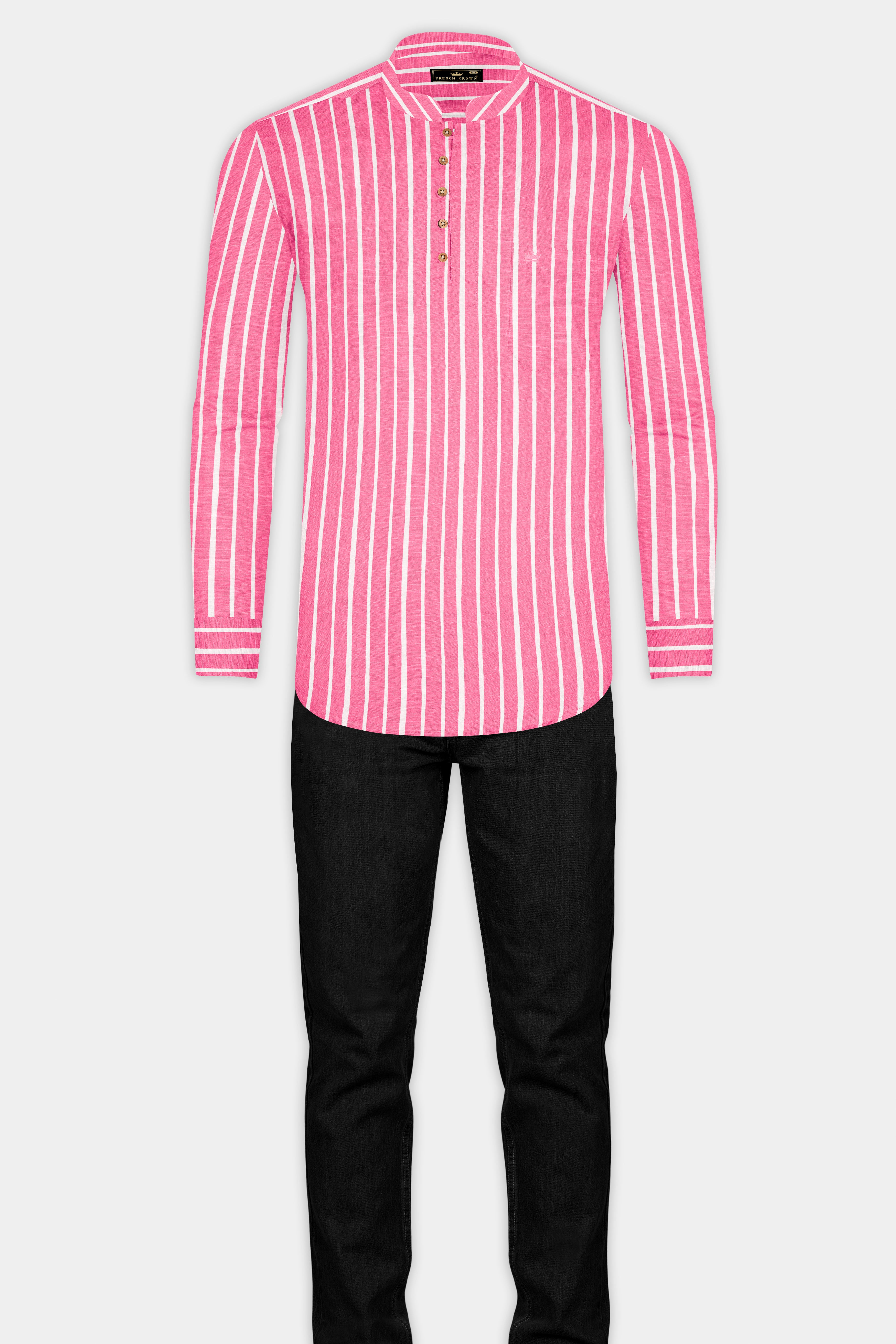 Brink Pink with White Striped Premium Tencel Kurta Shirt