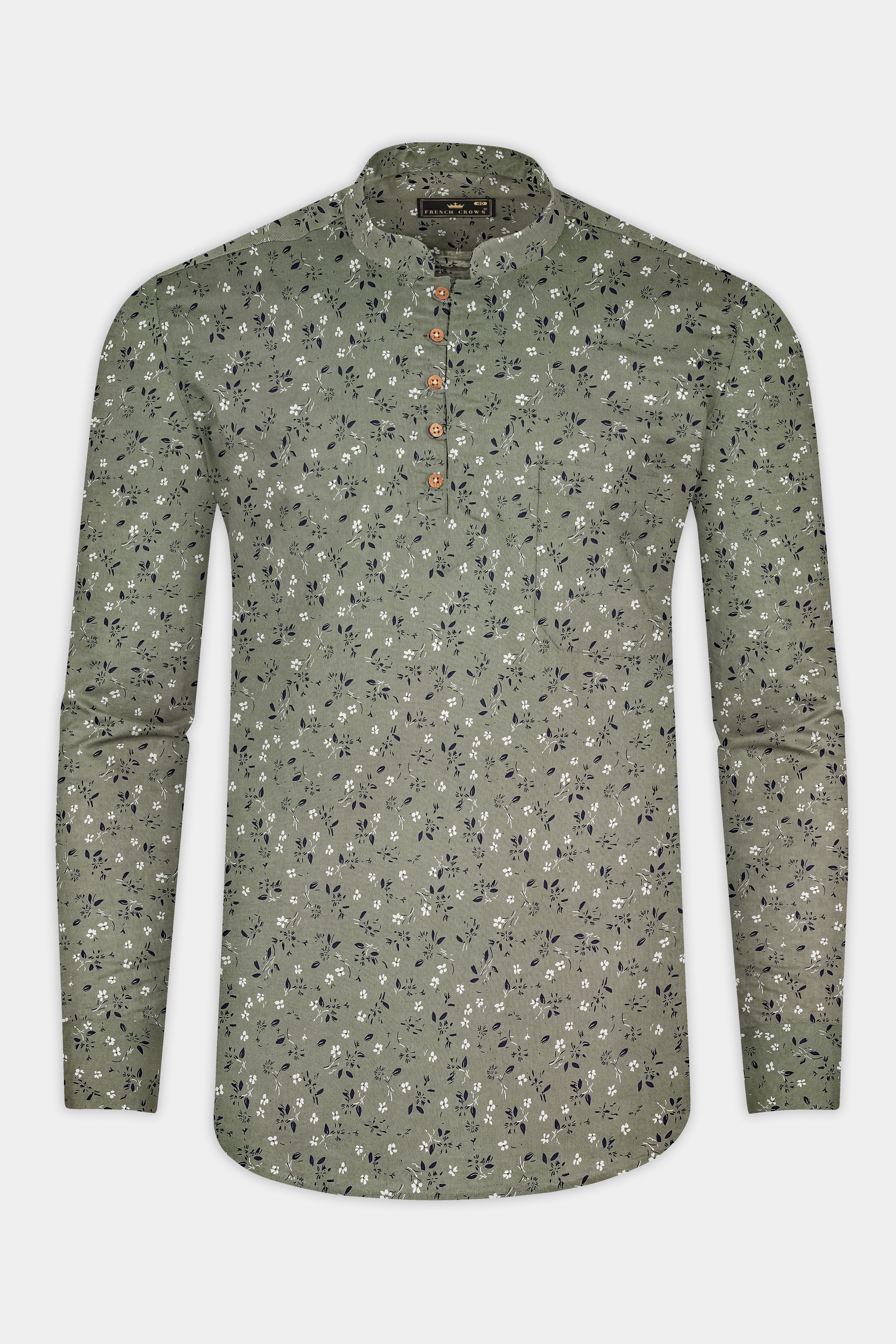 Pale Green Floral Printed Twill Premium Cotton Kurta Shirt