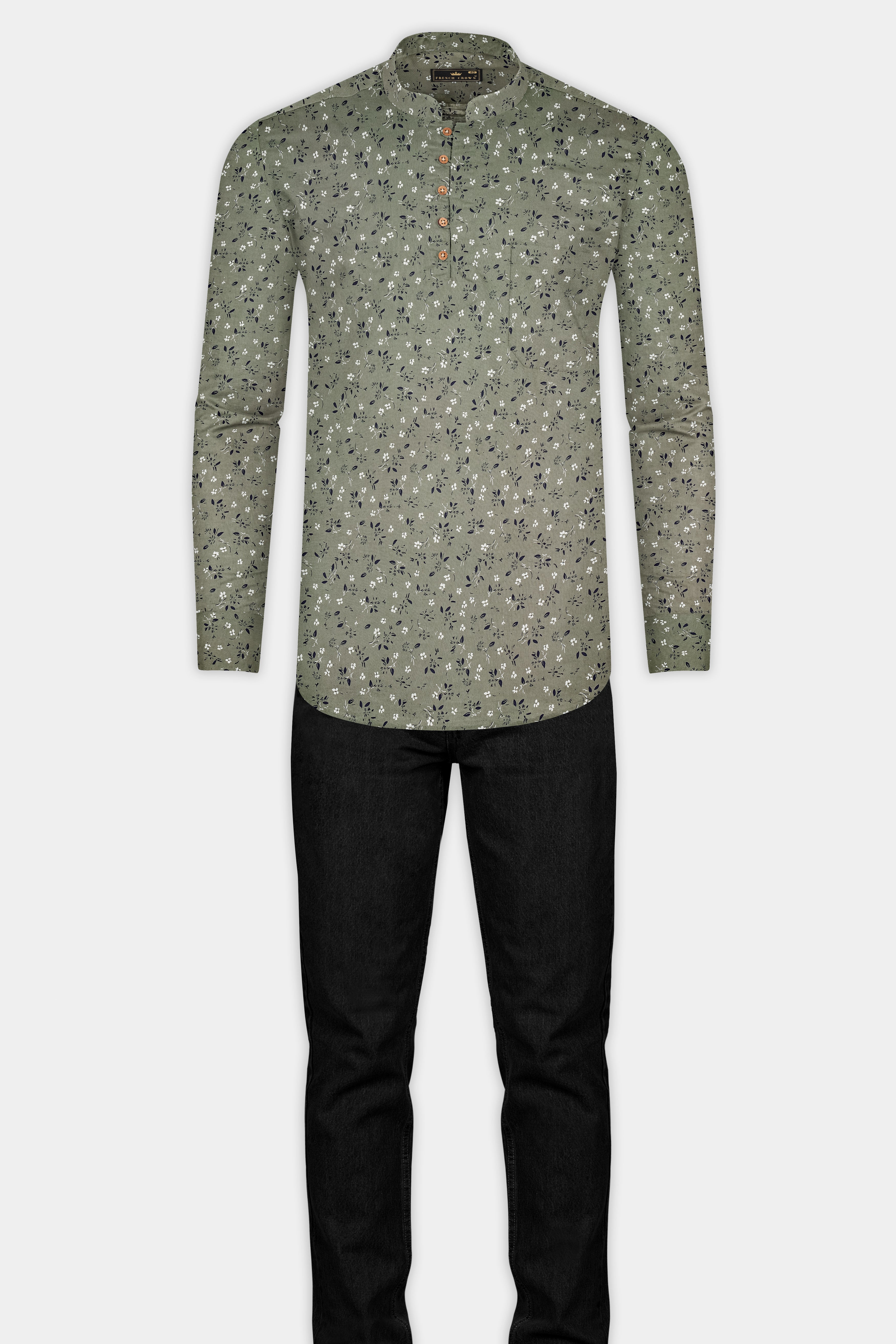 Pale Green Floral Printed Twill Premium Cotton Kurta Shirt