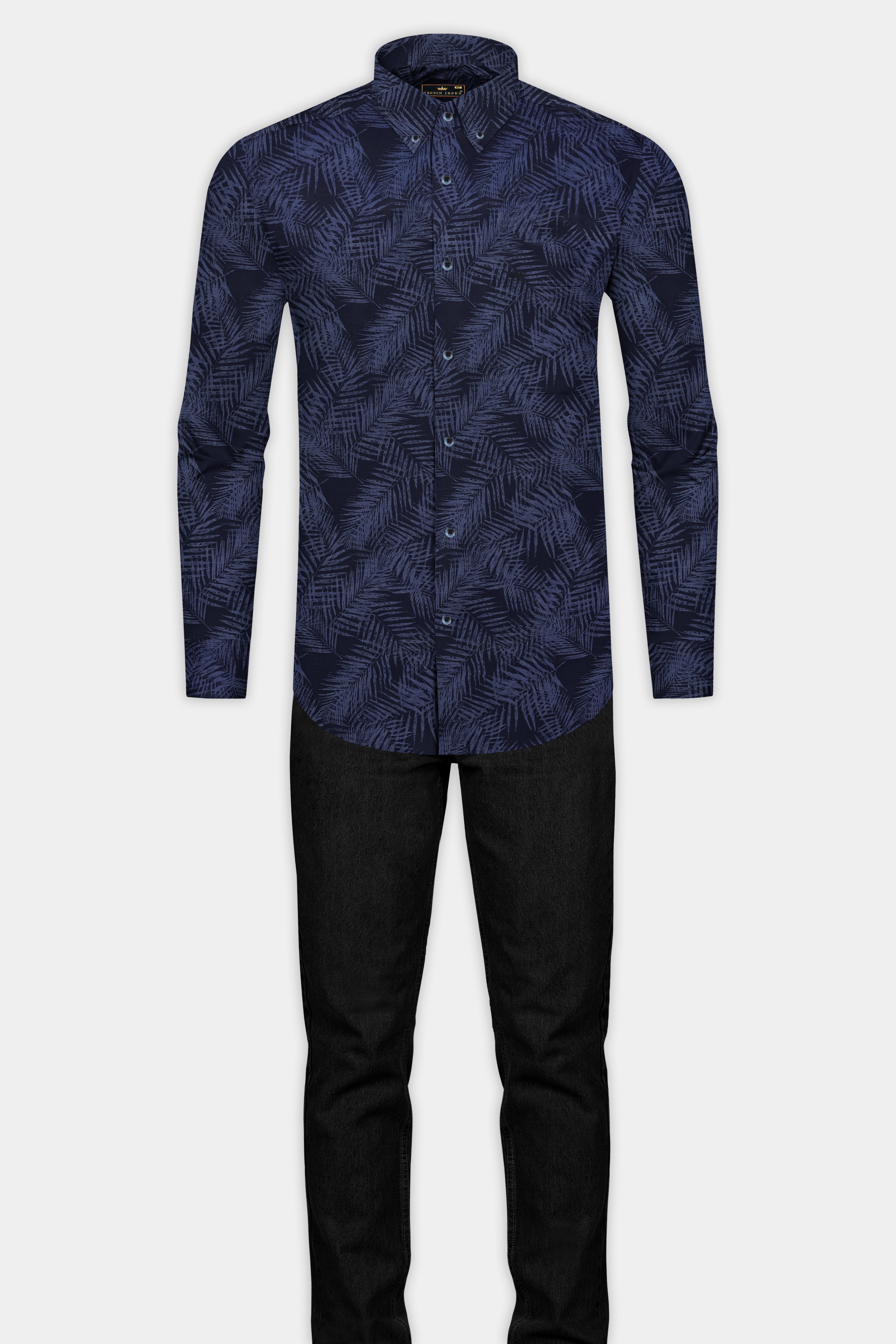 Tuna Gray Leaves Printed Denim Shirt