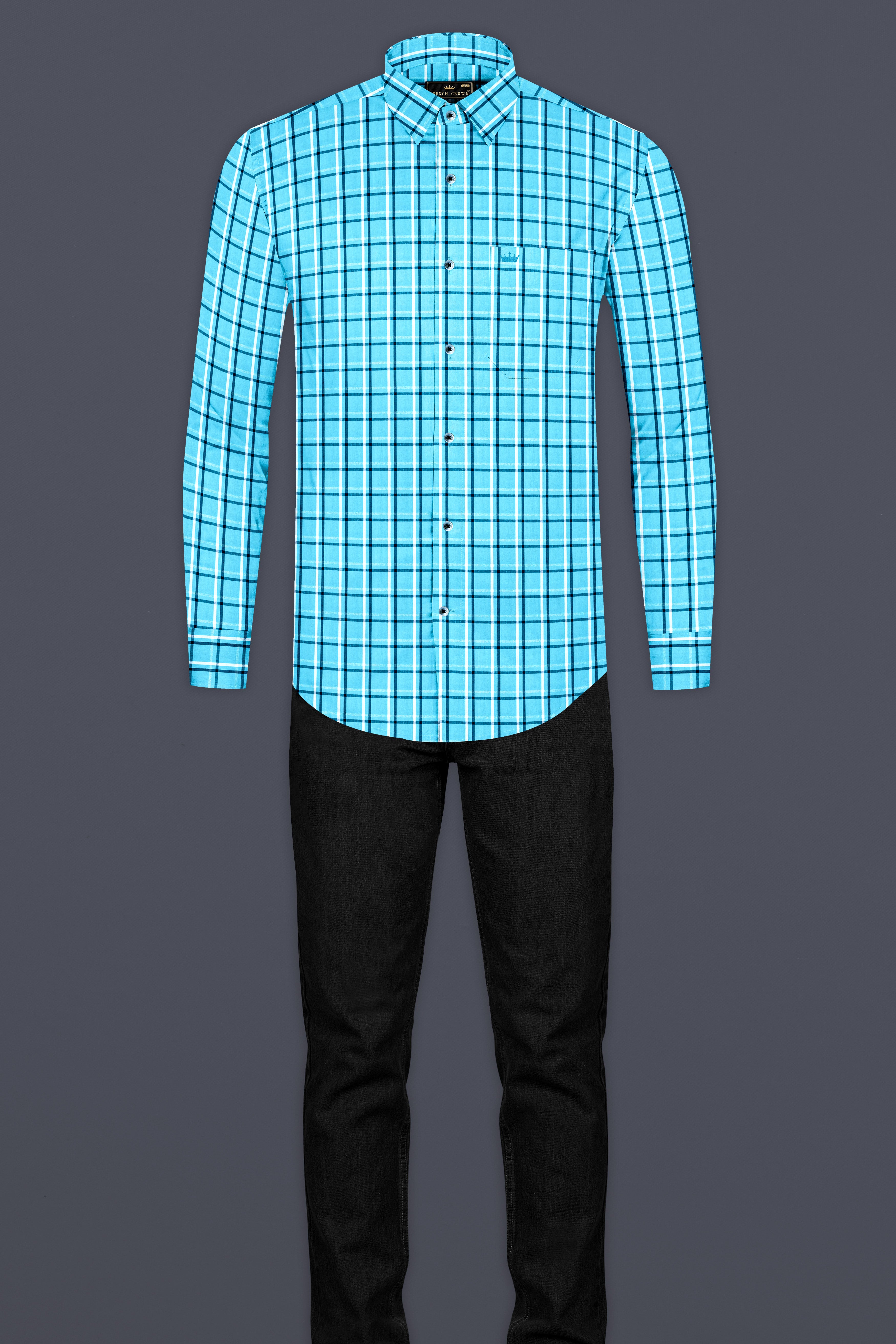 Jellyfish Blue with white Checkered Premium Cotton Shirt