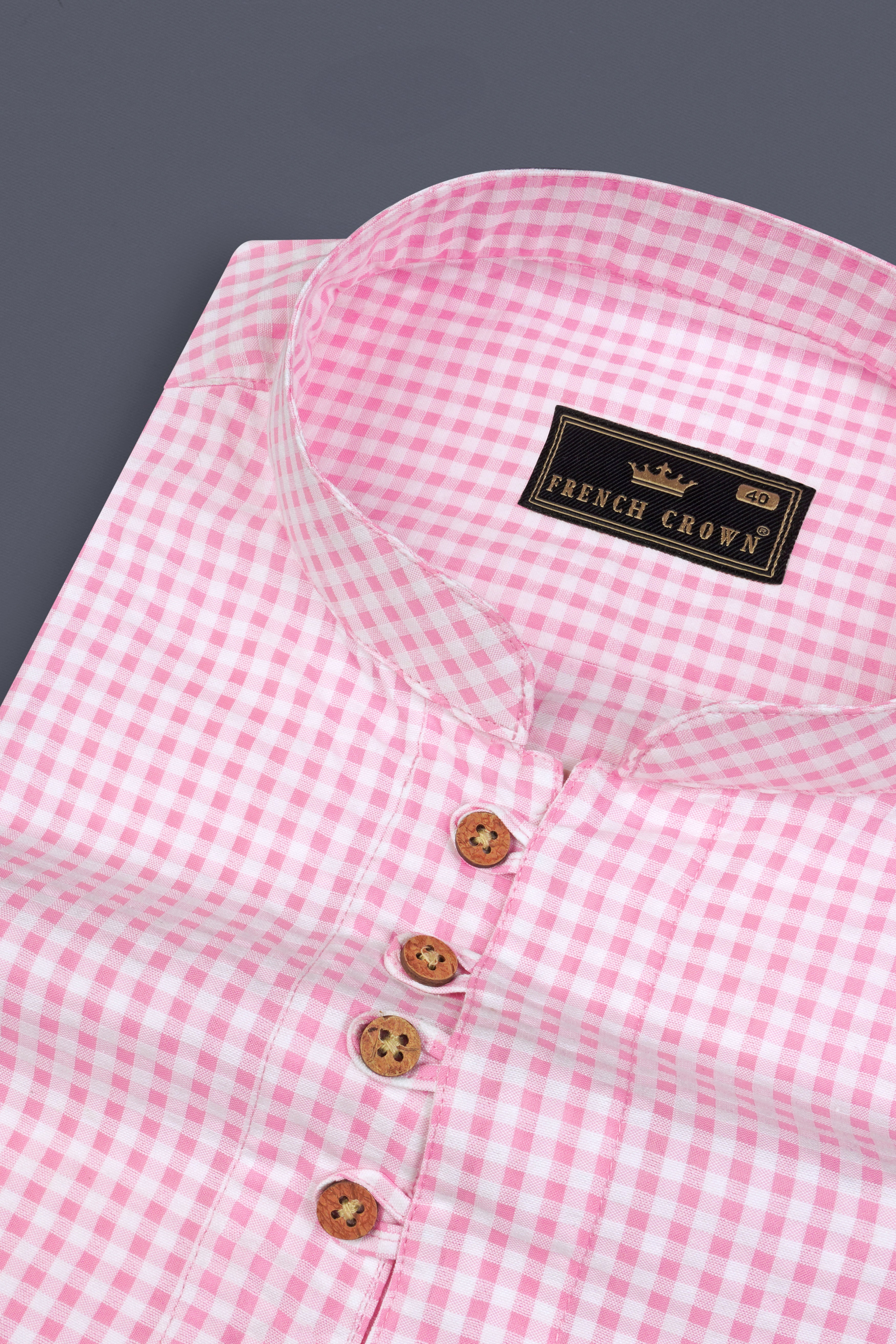 Carnation Pink Checked Seersucker Giza Cotton Kurta Shirt