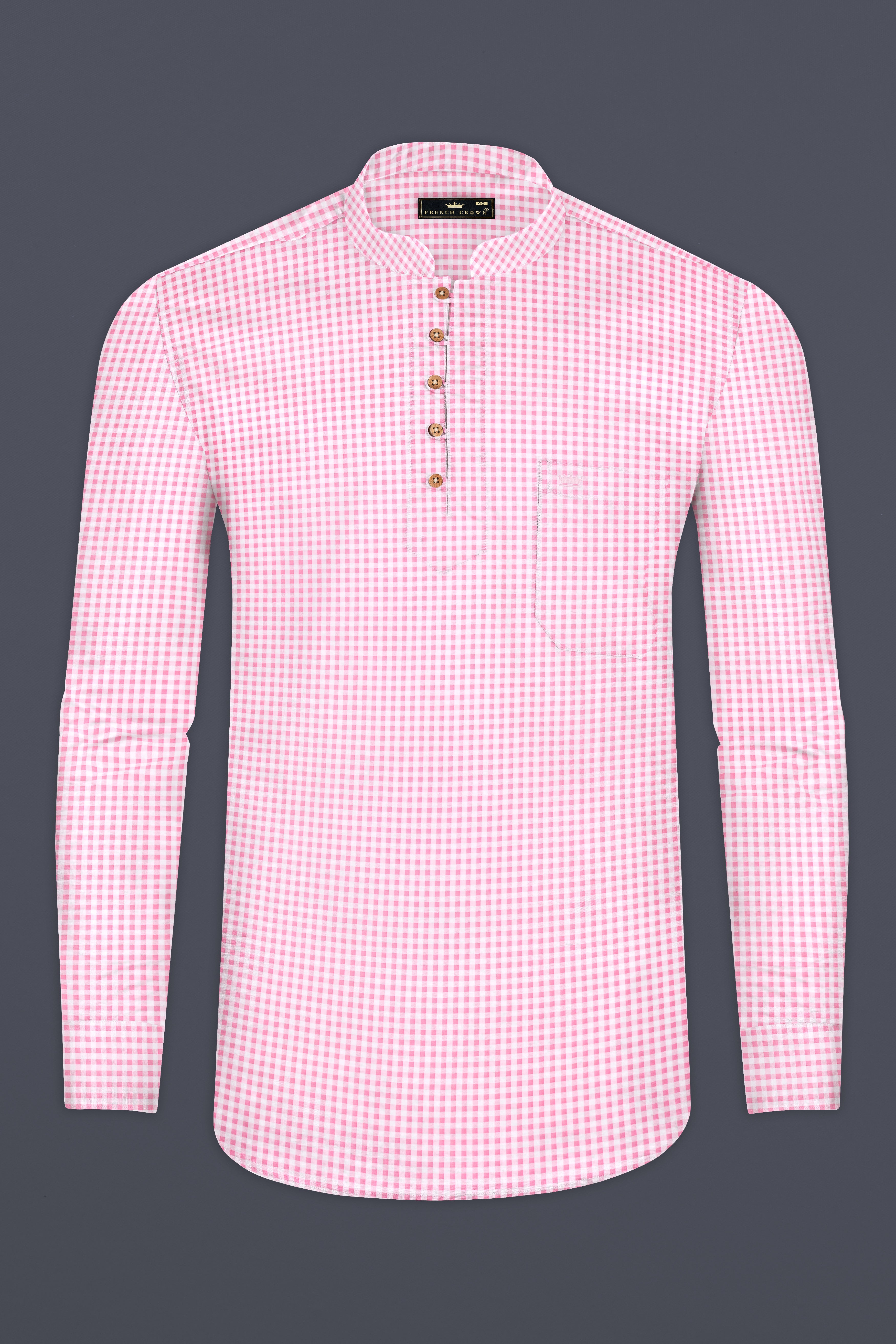 Carnation Pink Checked Seersucker Giza Cotton Kurta Shirt