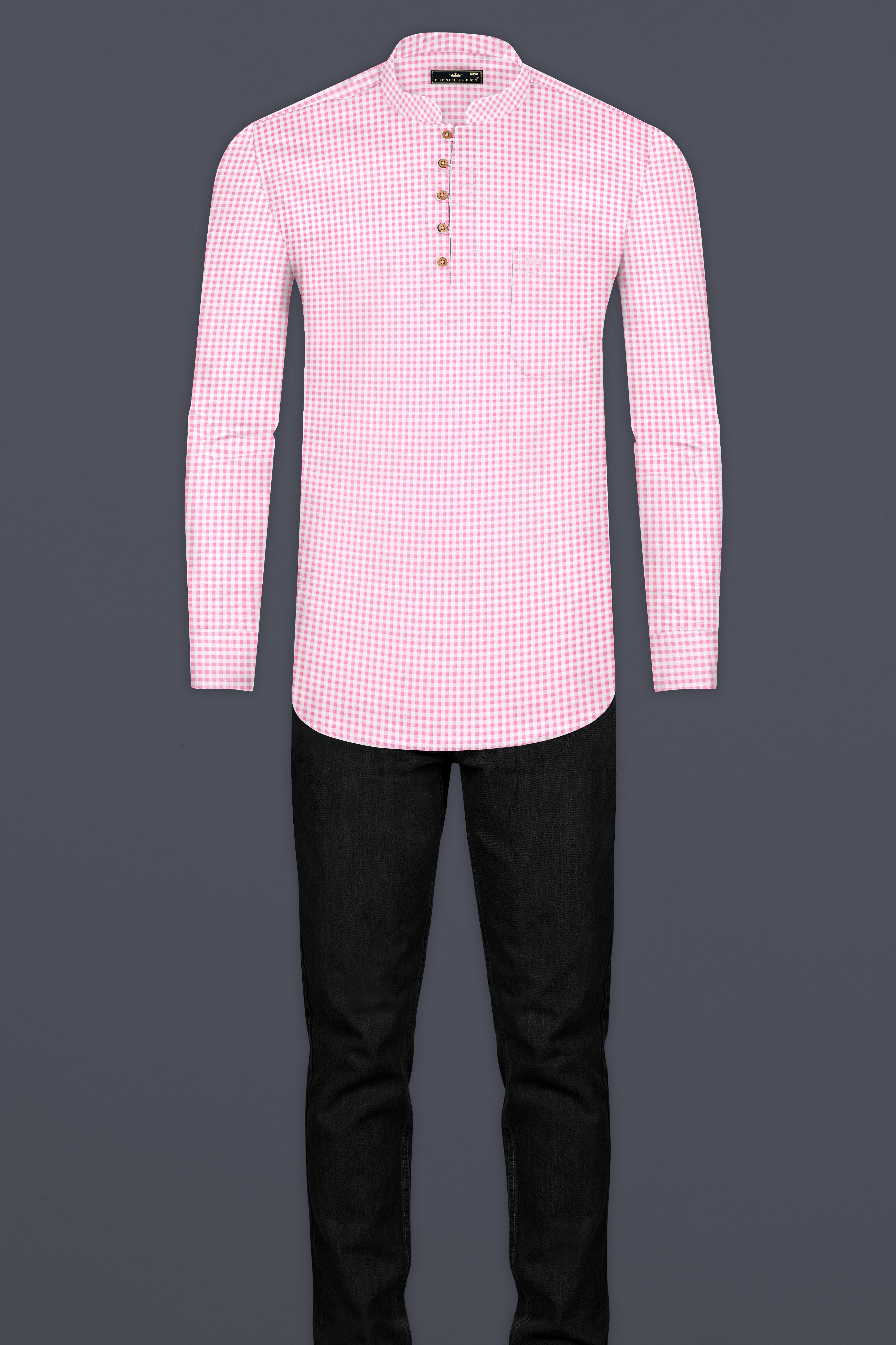 Carnation Pink Checked Seersucker Giza Cotton Kurta Shirt