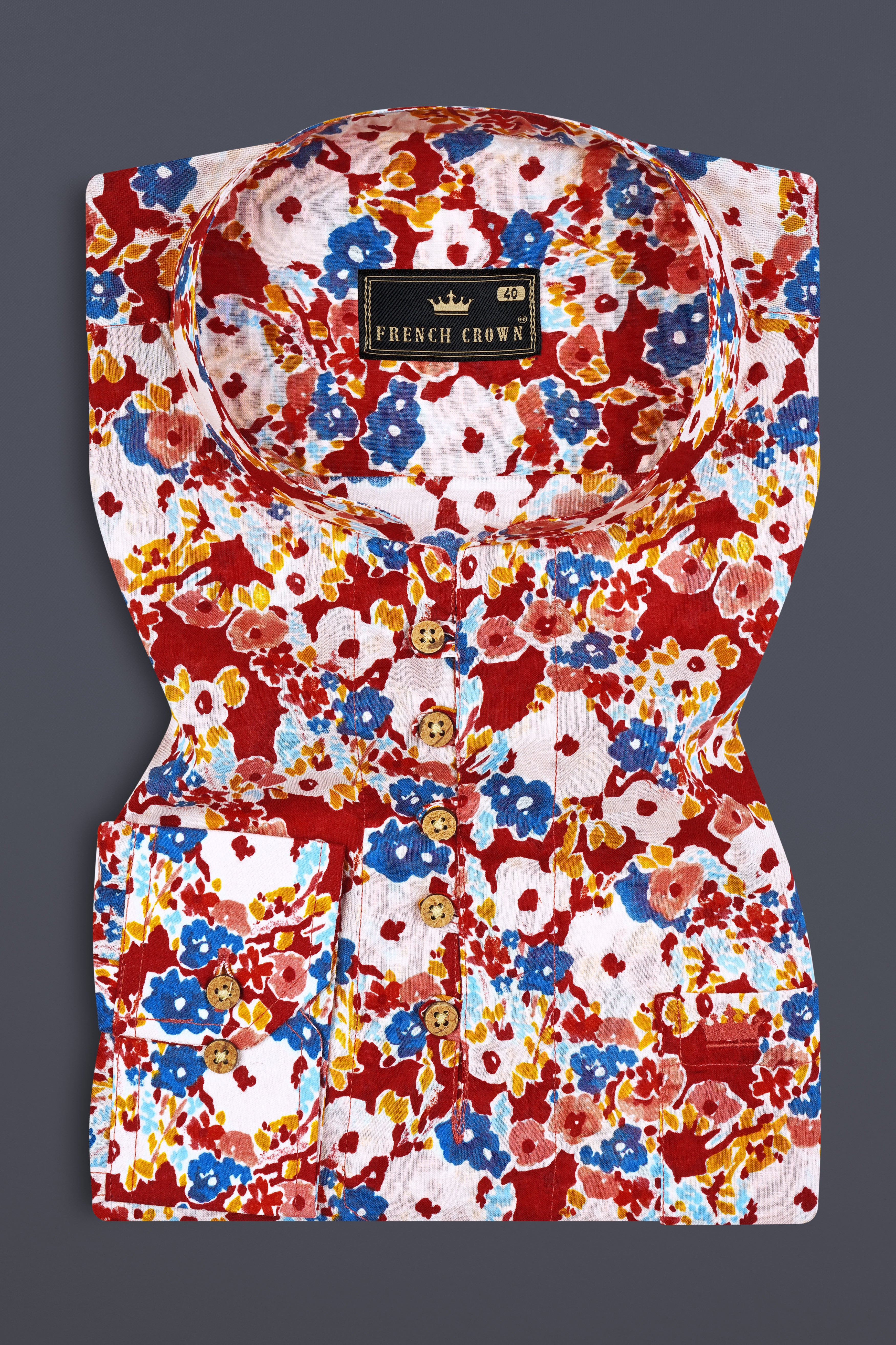 Mandy Red with Pearl Multicolour Floral Printed Premium Cotton Kurta Shirt