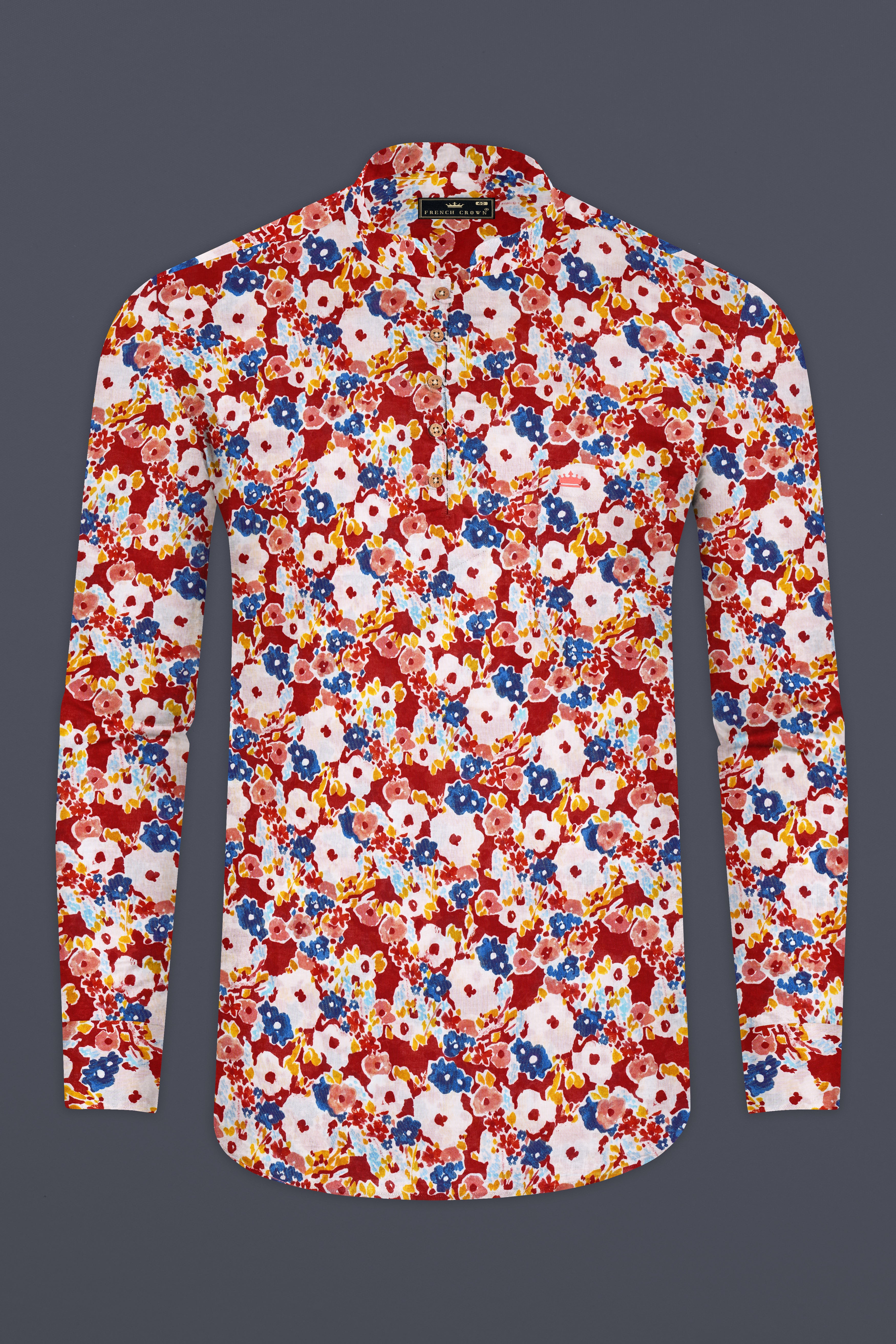 Mandy Red with Pearl Multicolour Floral Printed Premium Cotton Kurta Shirt