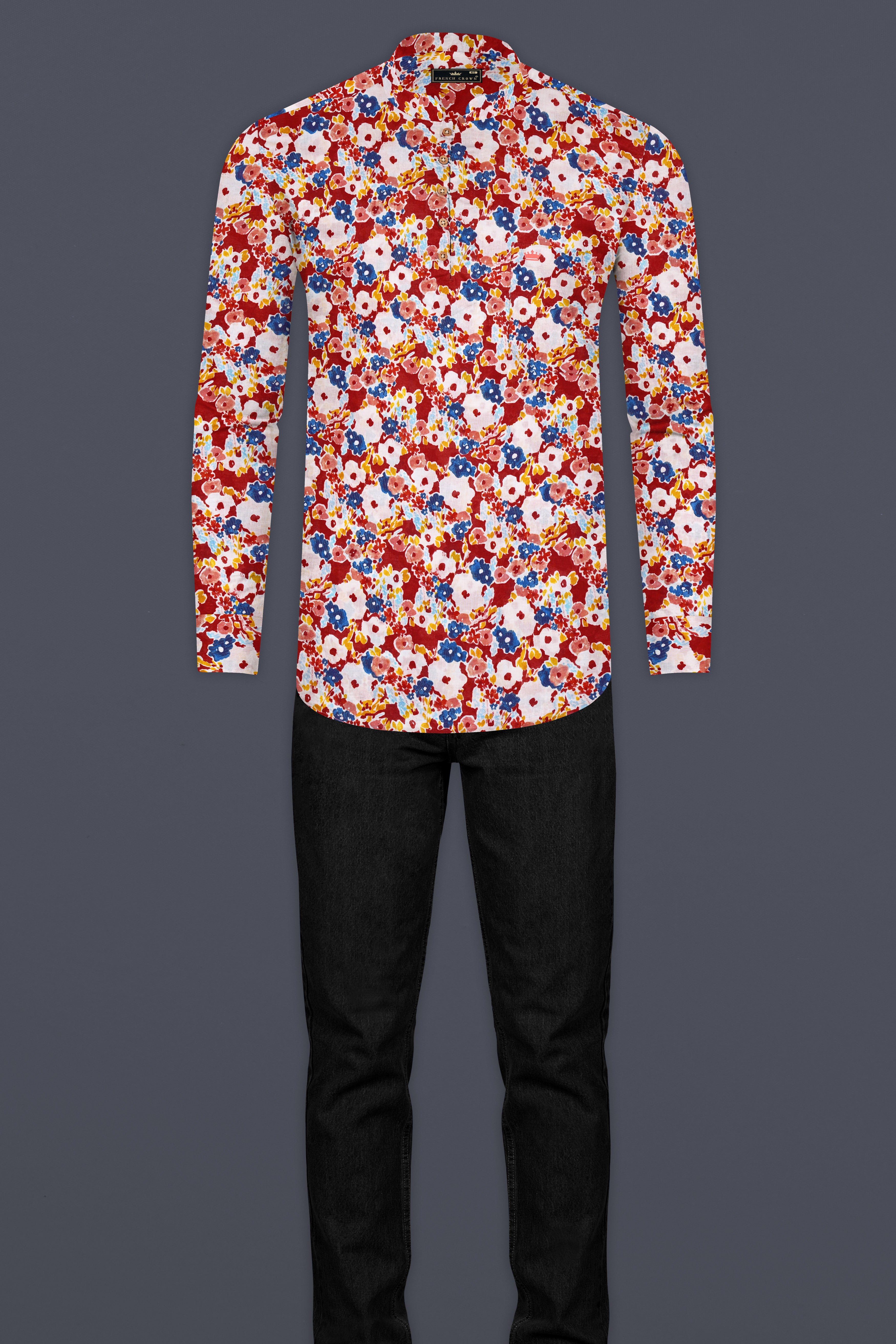 Mandy Red with Pearl Multicolour Floral Printed Premium Cotton Kurta Shirt