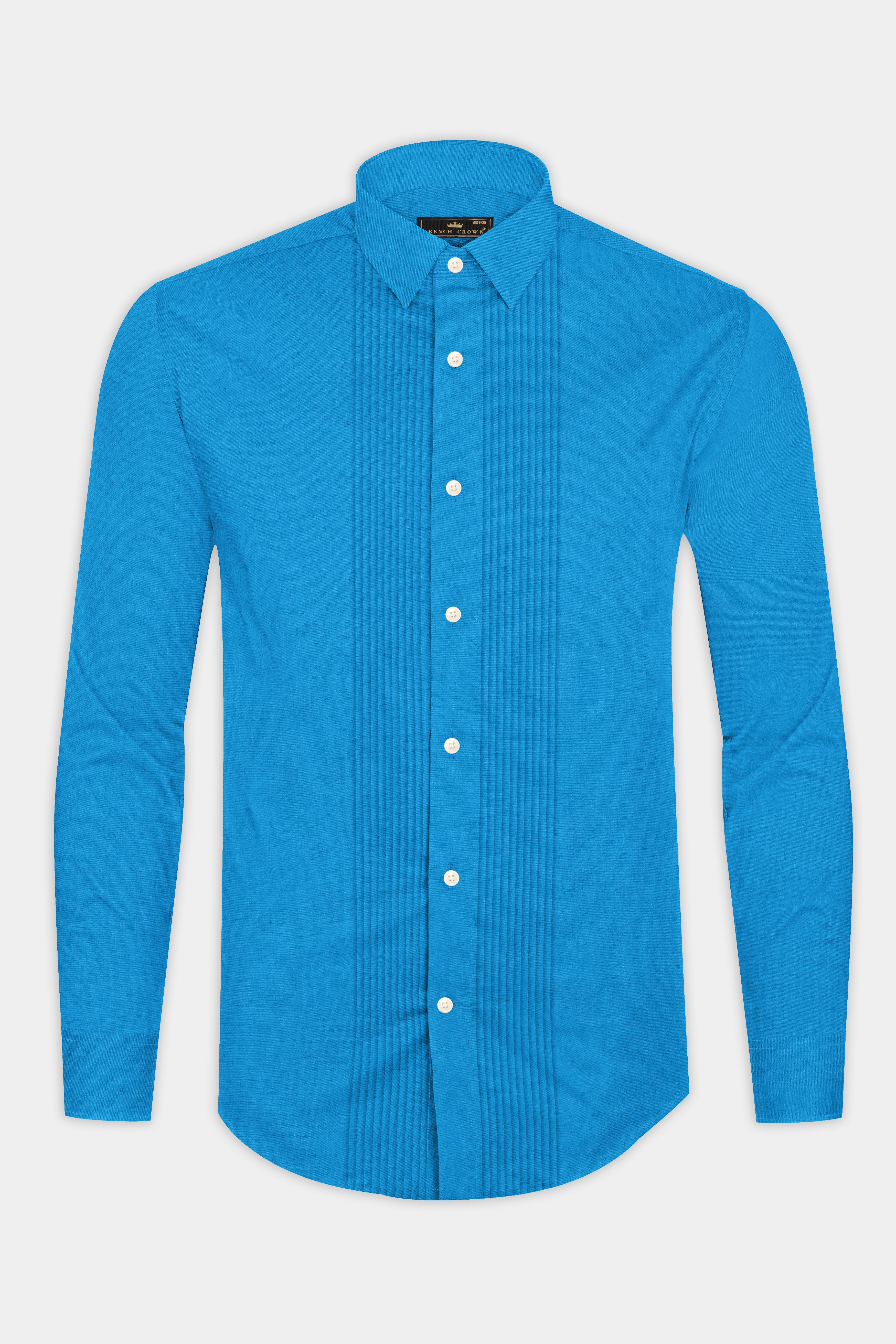 Cerulean Blue with Pin Tucks Luxurious Linen Tuxedo Shirt