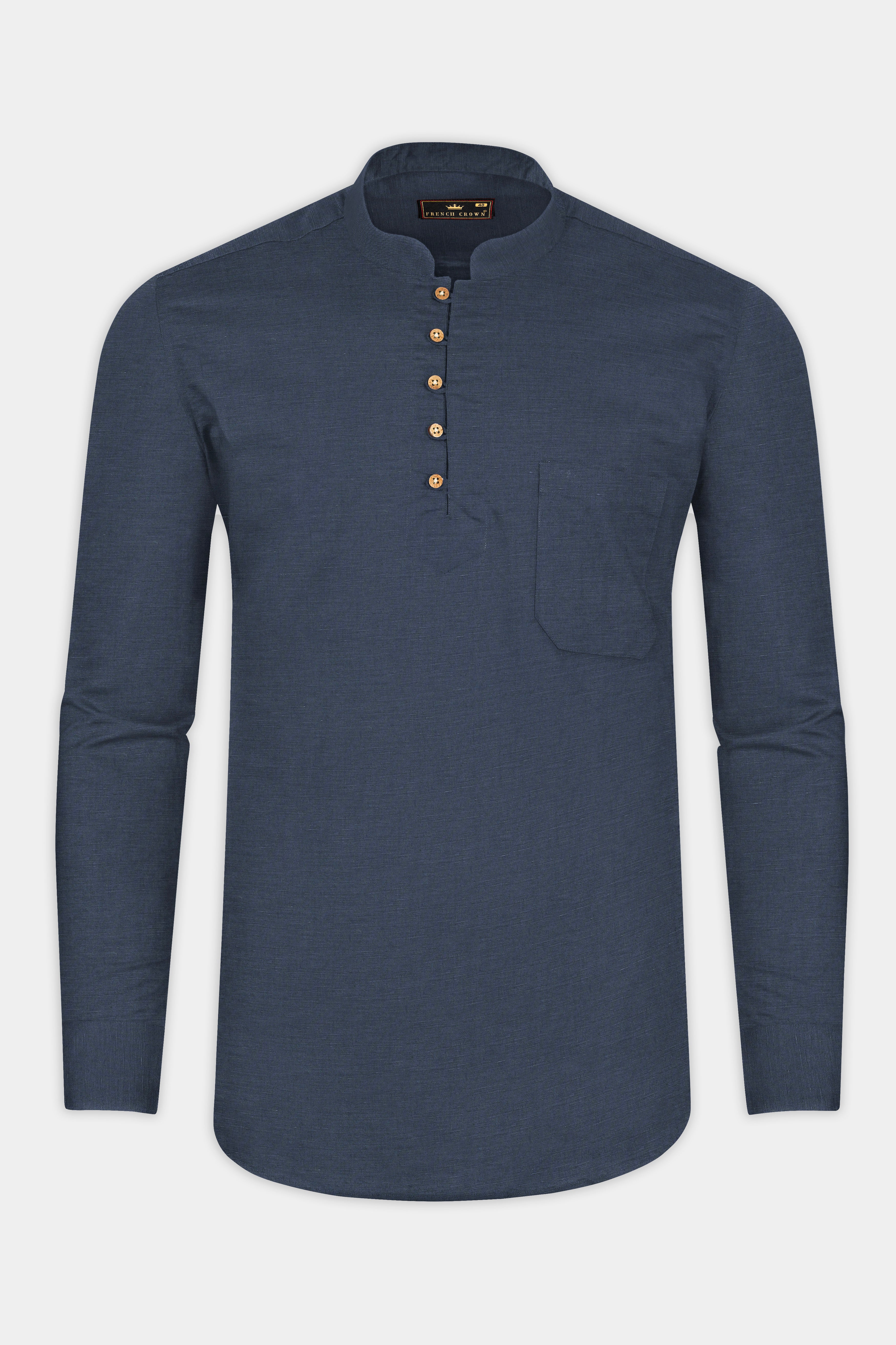 Limed Spruce Blue Luxurious Linen Kurta Shirt