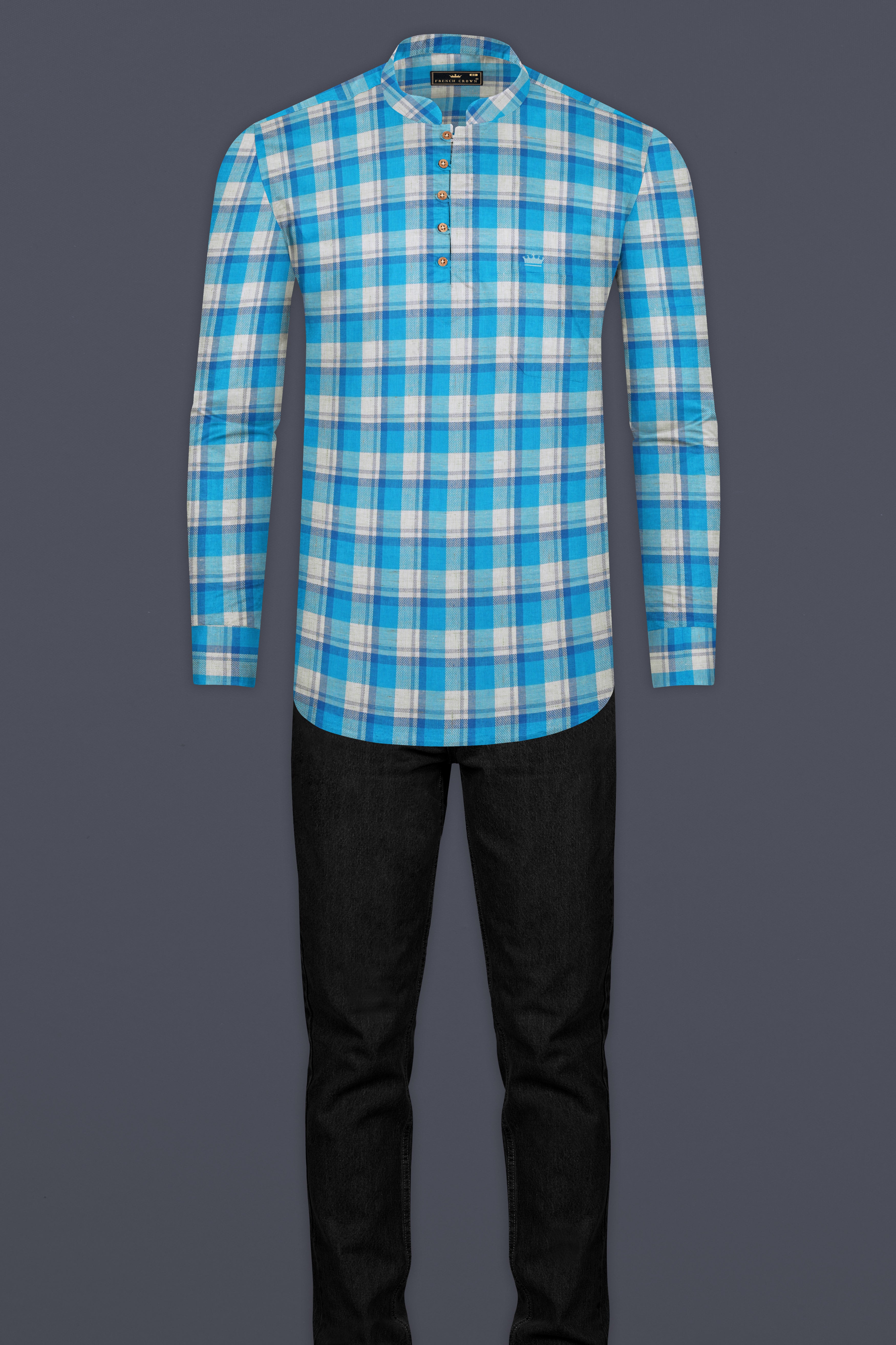 Cerulean Blue and Bright White Plaid Twill Premium Cotton Kurta Shirt