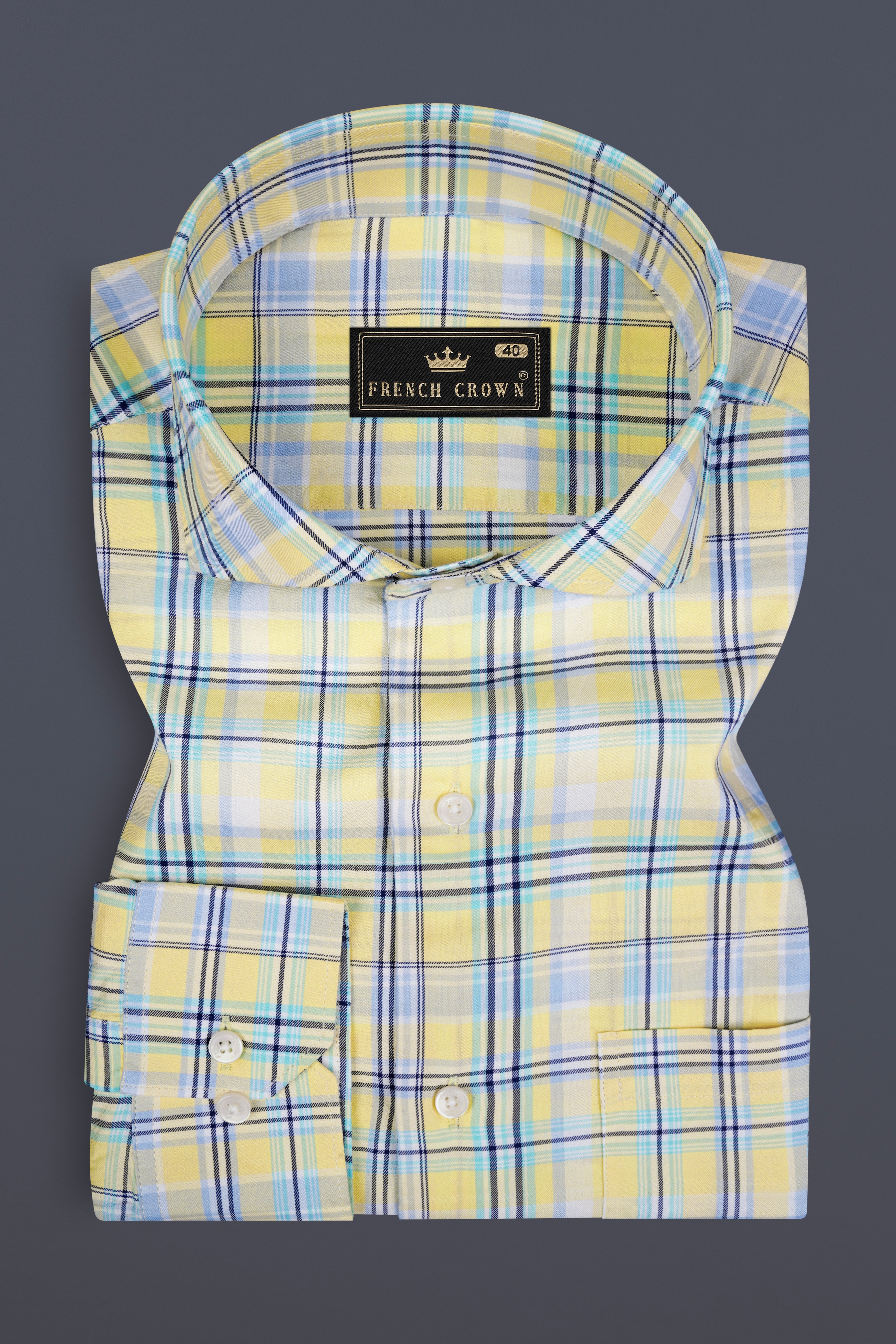 Primrose Yellow with Pale Green Twill Plaid Premium Cotton Shirt