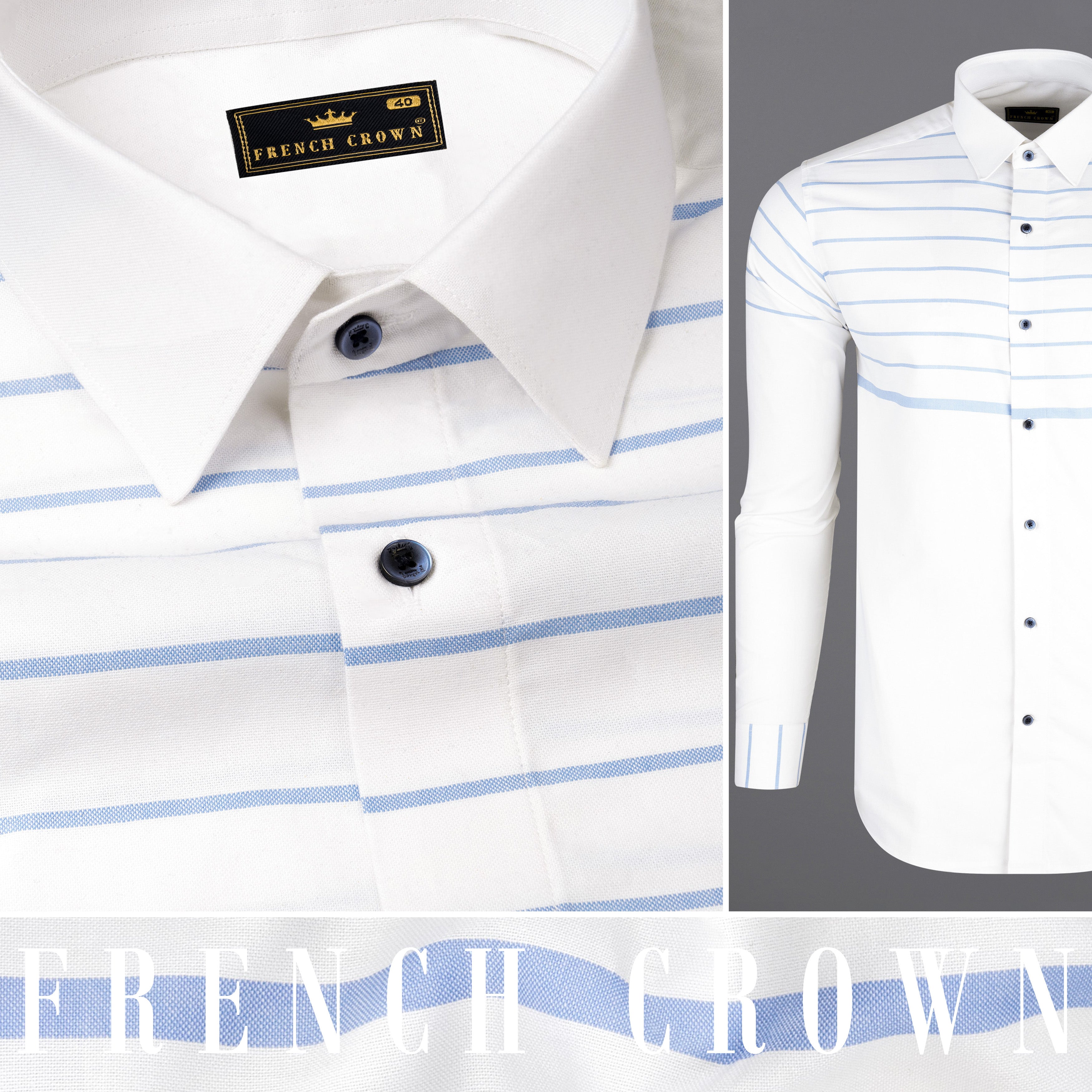 Bright White and Pale Cerulean Blue Horizontal Striped Royal Oxford Shirt