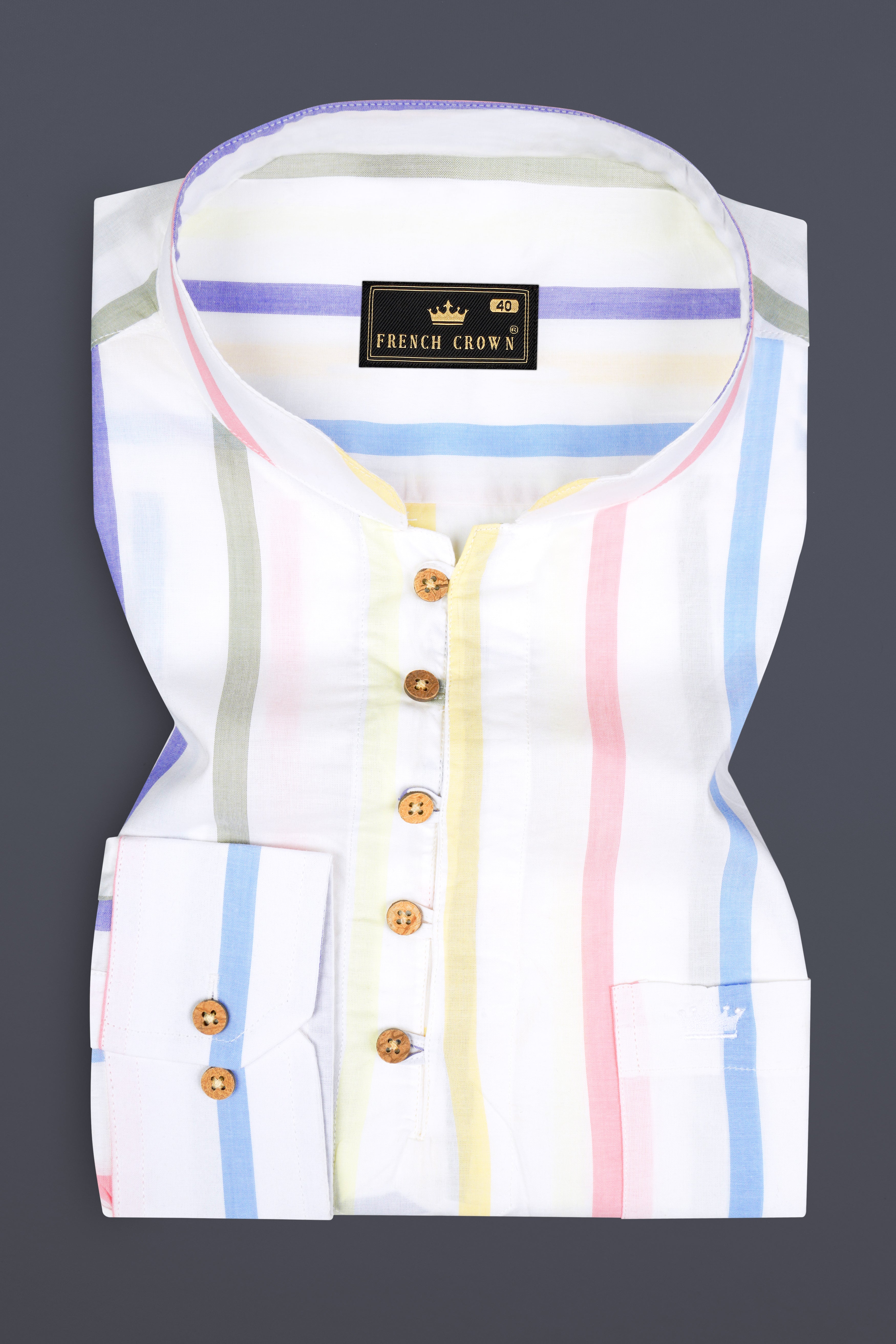 Bright White Multicolour Striped Premium Cotton Kurta Shirts