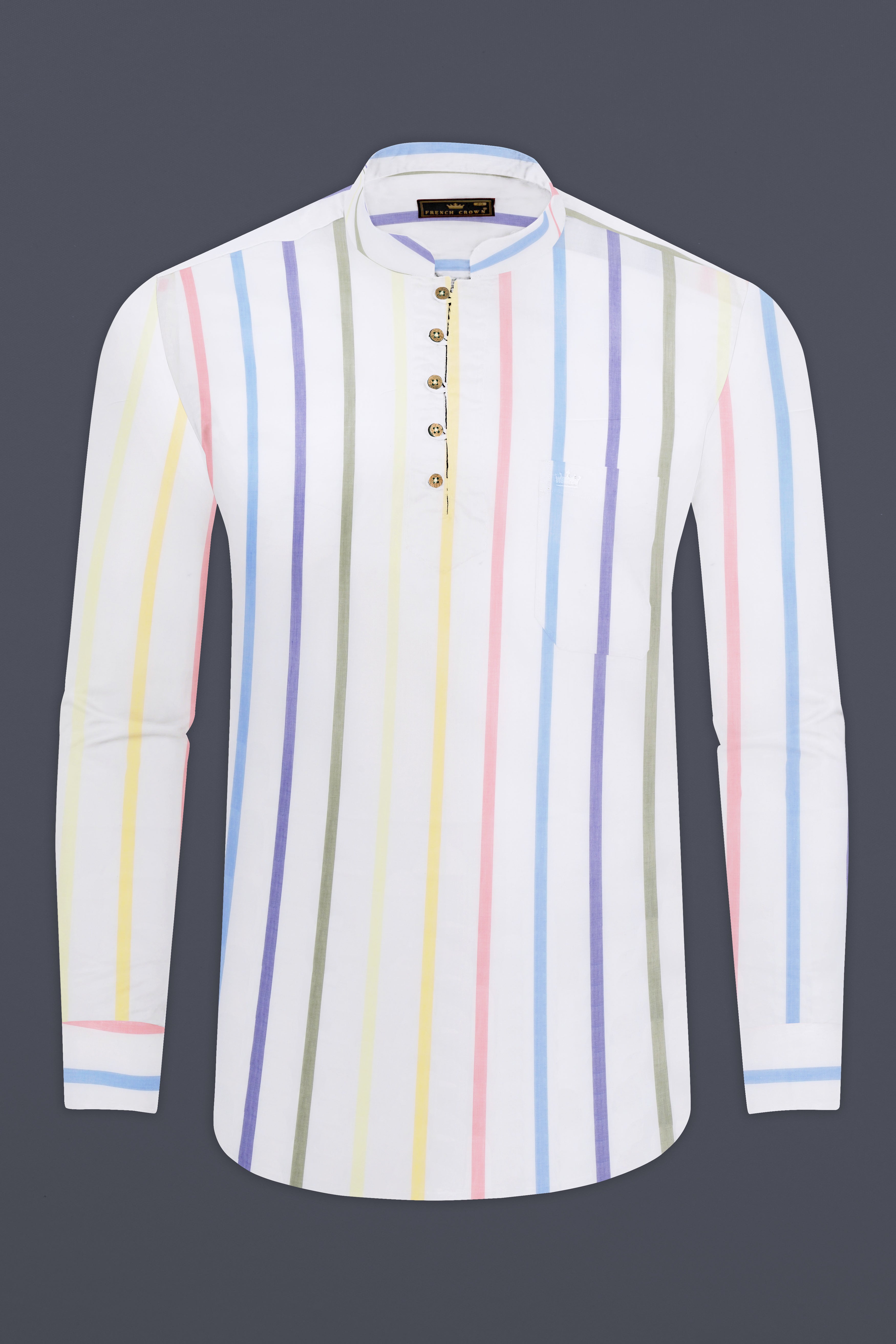 Bright White Multicolour Striped Premium Cotton Kurta Shirts