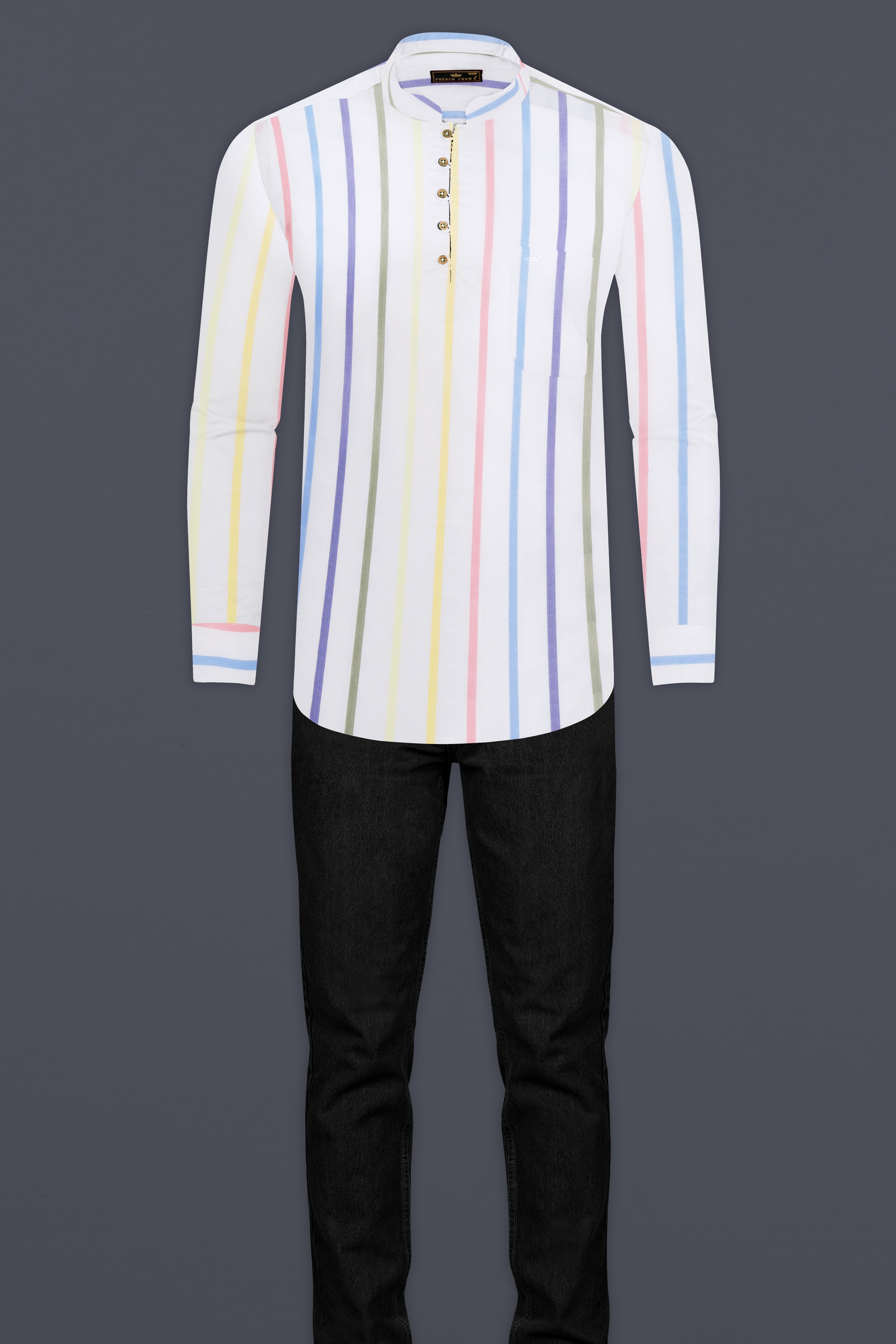 Bright White Multicolour Striped Premium Cotton Kurta Shirts