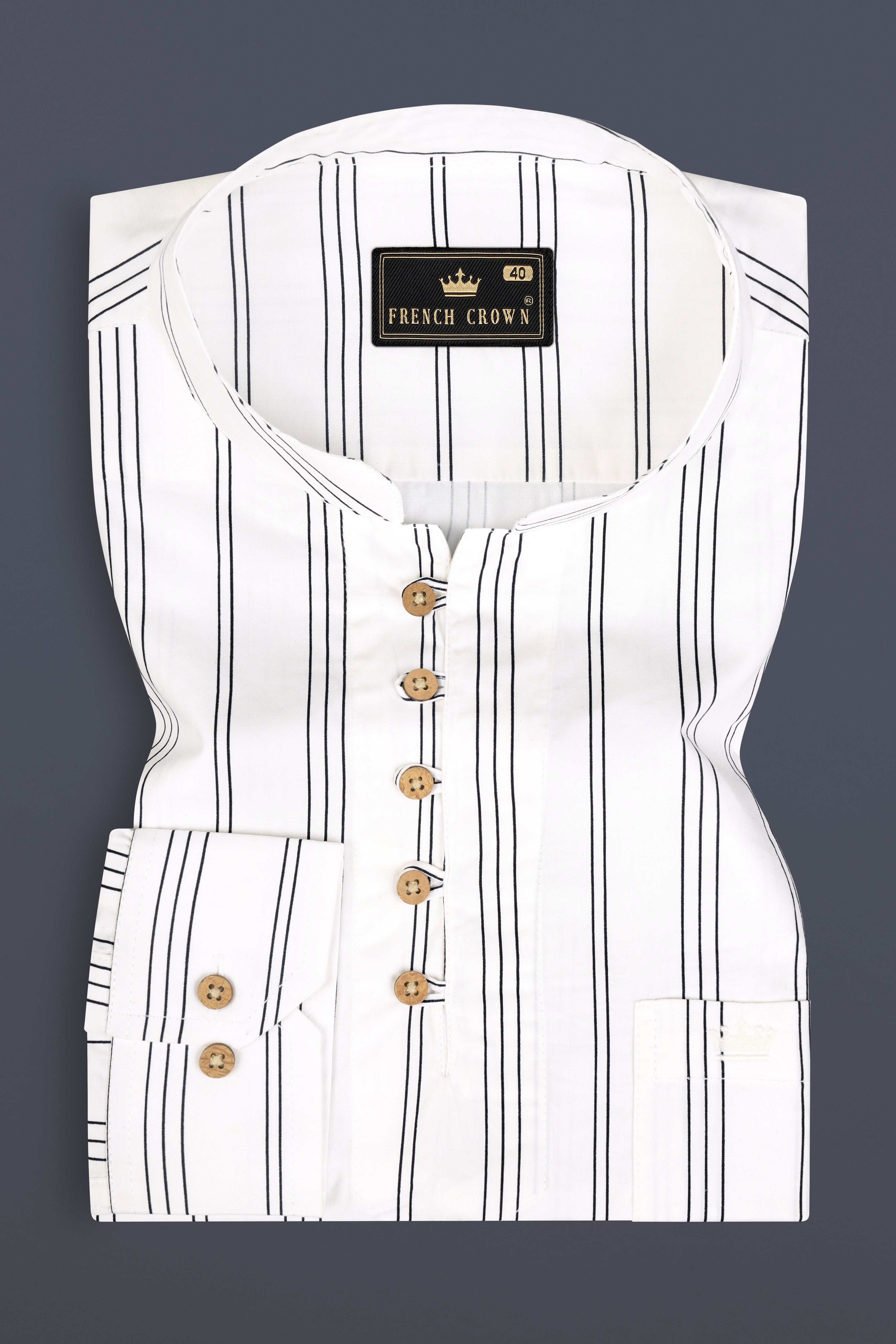 Bright White Pinstriped Twill Premium Cotton Kurta Shirt