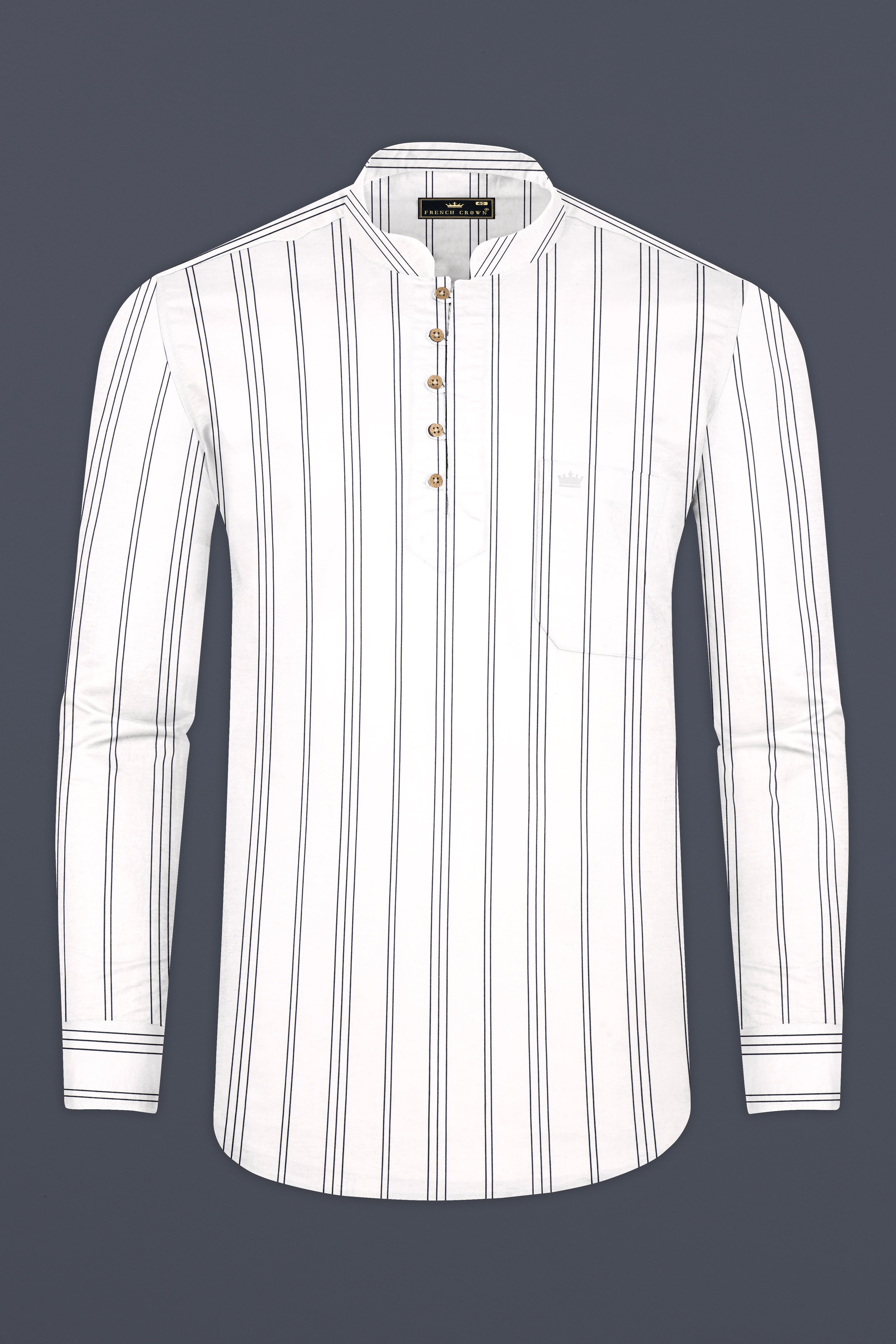 Bright White Pinstriped Twill Premium Cotton Kurta Shirt