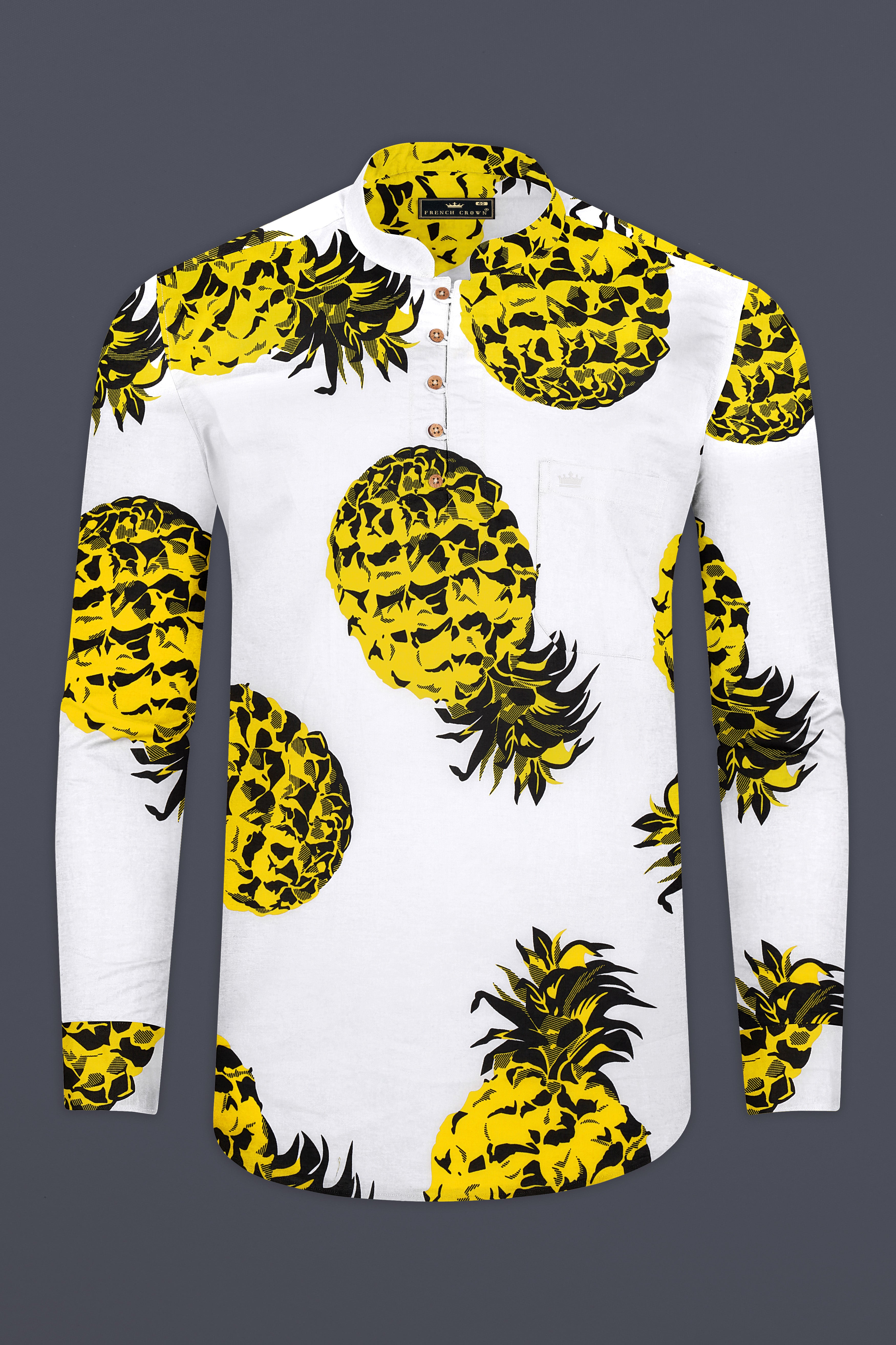 Bright White Premium Cotton Kurta Shirt with Pineapple Prints