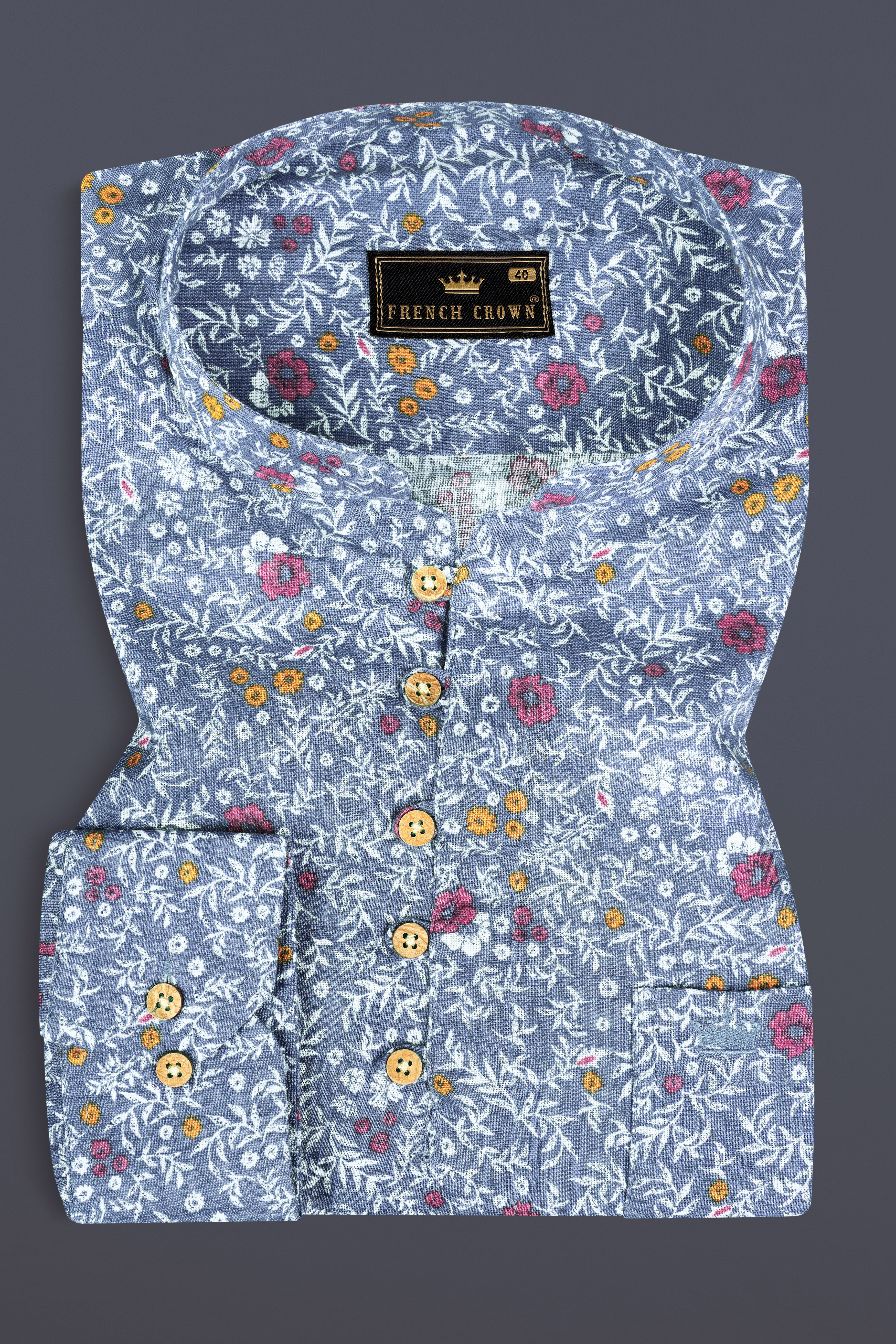 Faded Blue Floral Printed Luxurious Linen Kurta Shirt