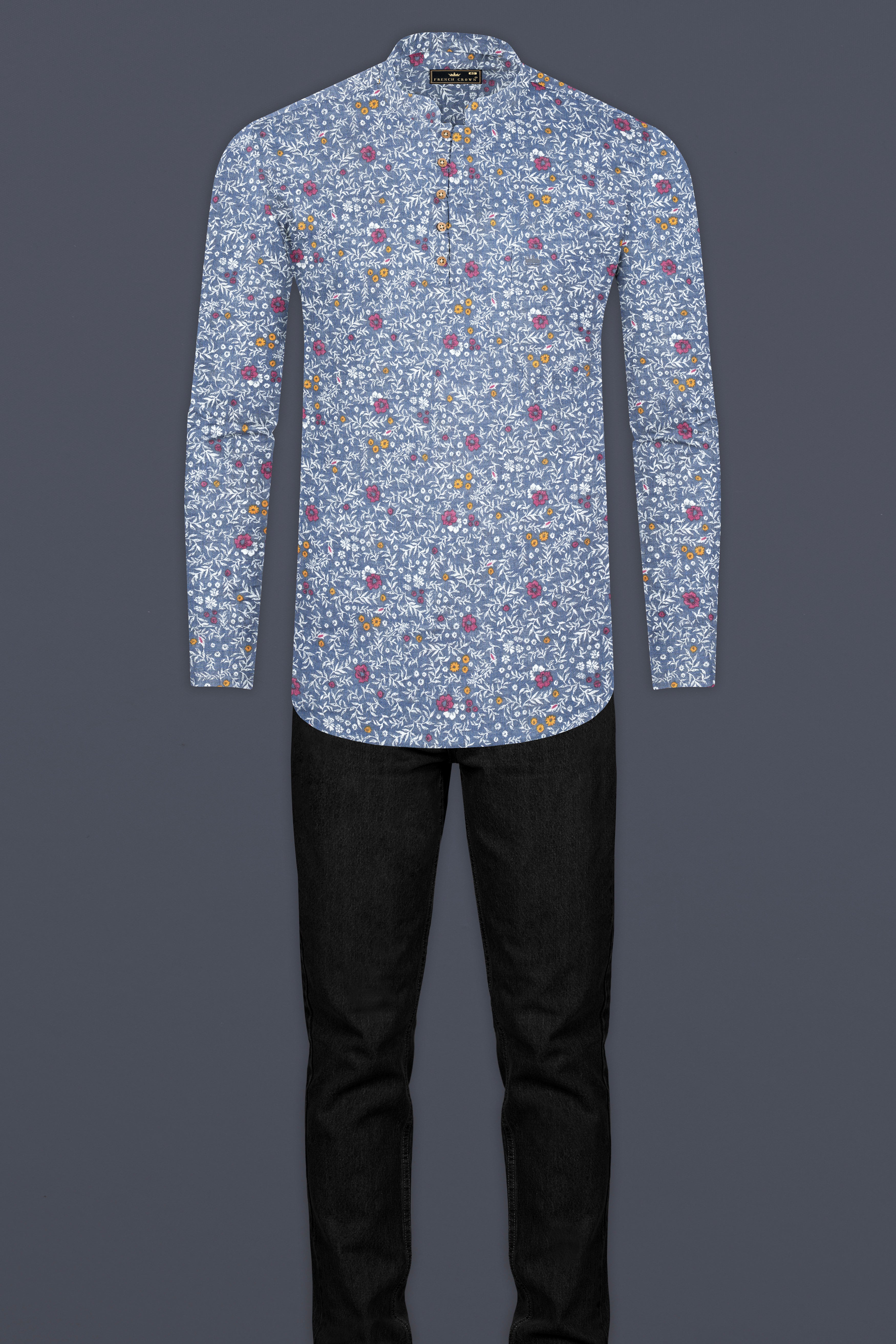 Faded Blue Floral Printed Luxurious Linen Kurta Shirt