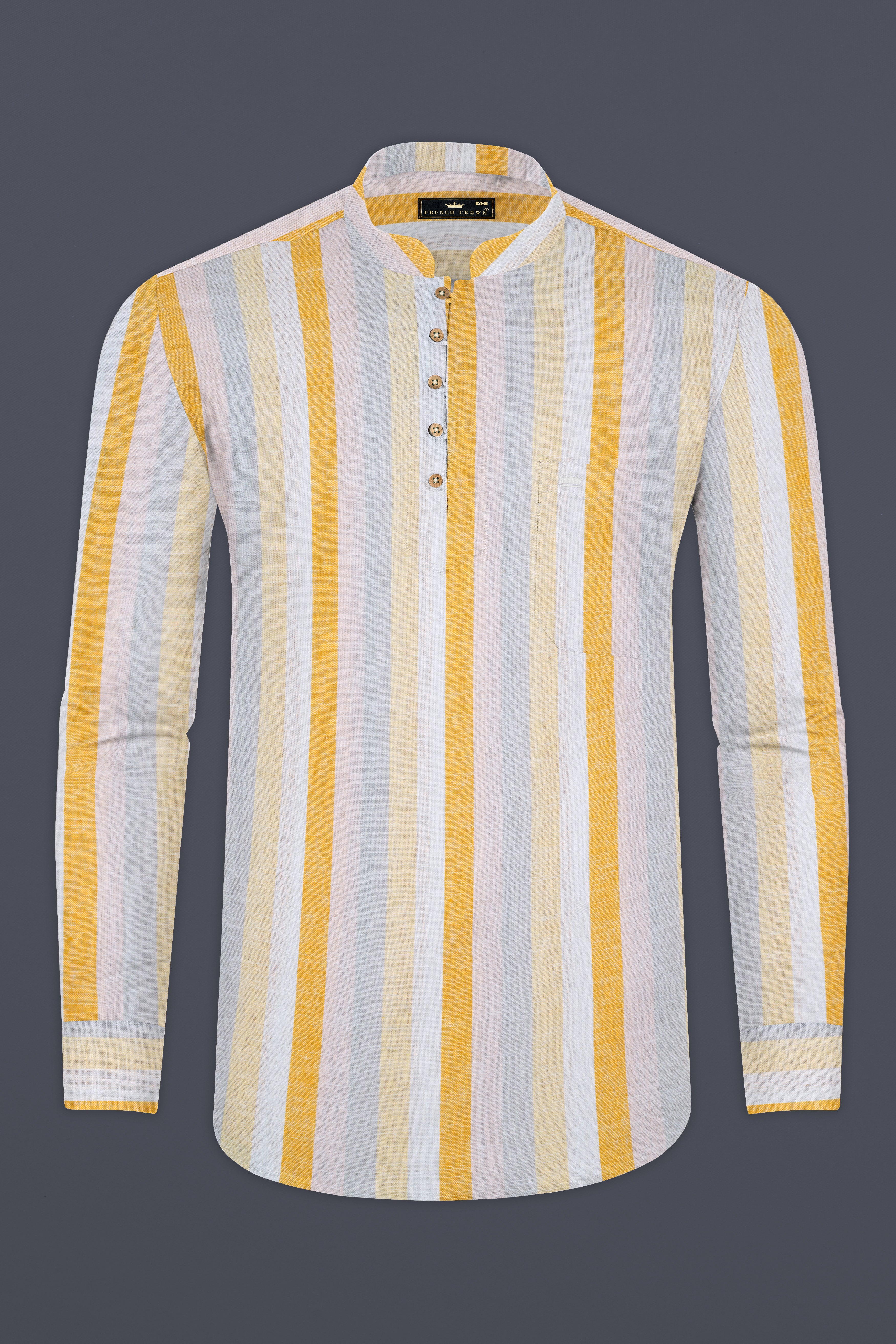 Solitaire with Golden Sand and Mischka Gray Vertical Striped Luxurious Linen Kurta Shirt