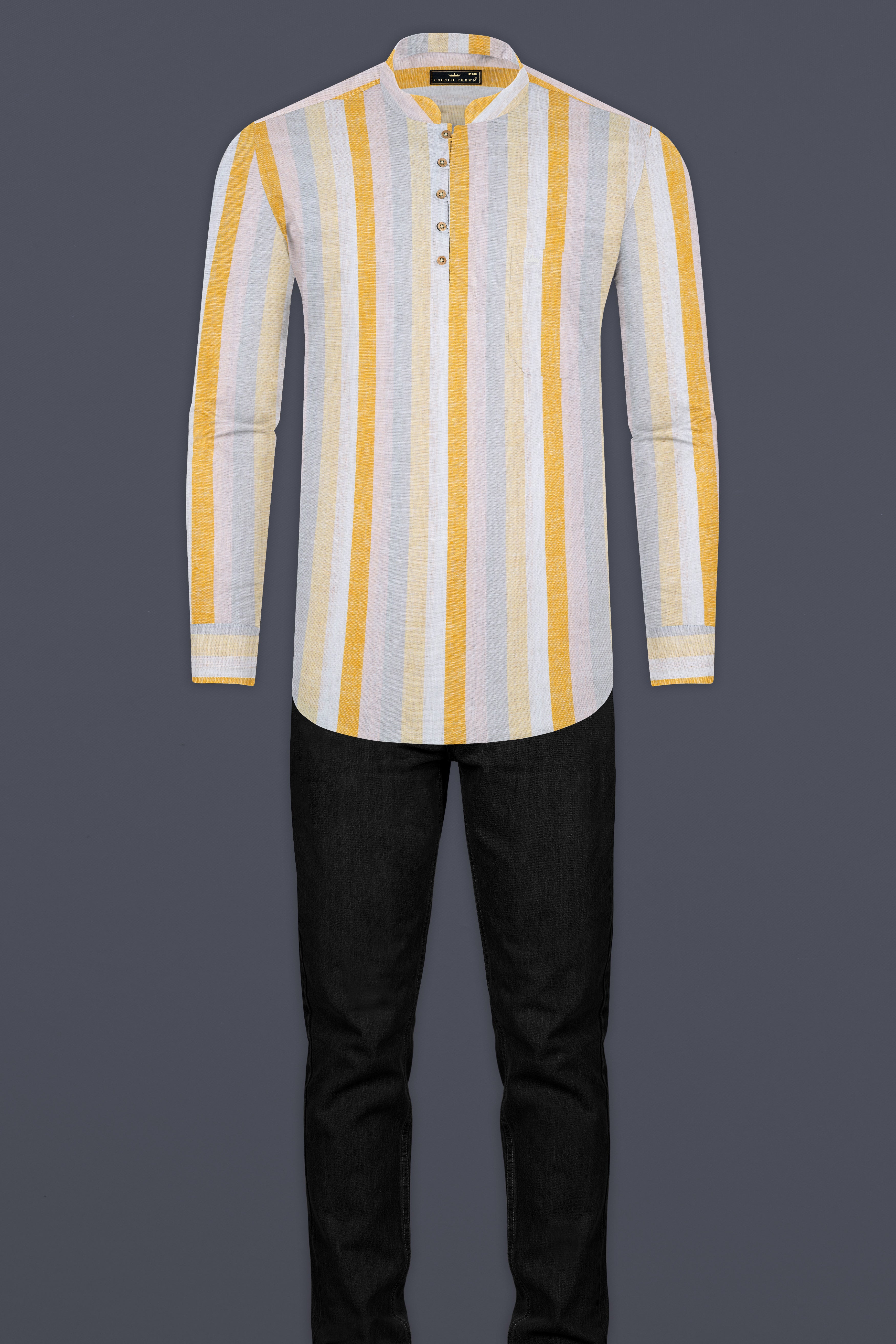 Solitaire with Golden Sand and Mischka Gray Vertical Striped Luxurious Linen Kurta Shirt