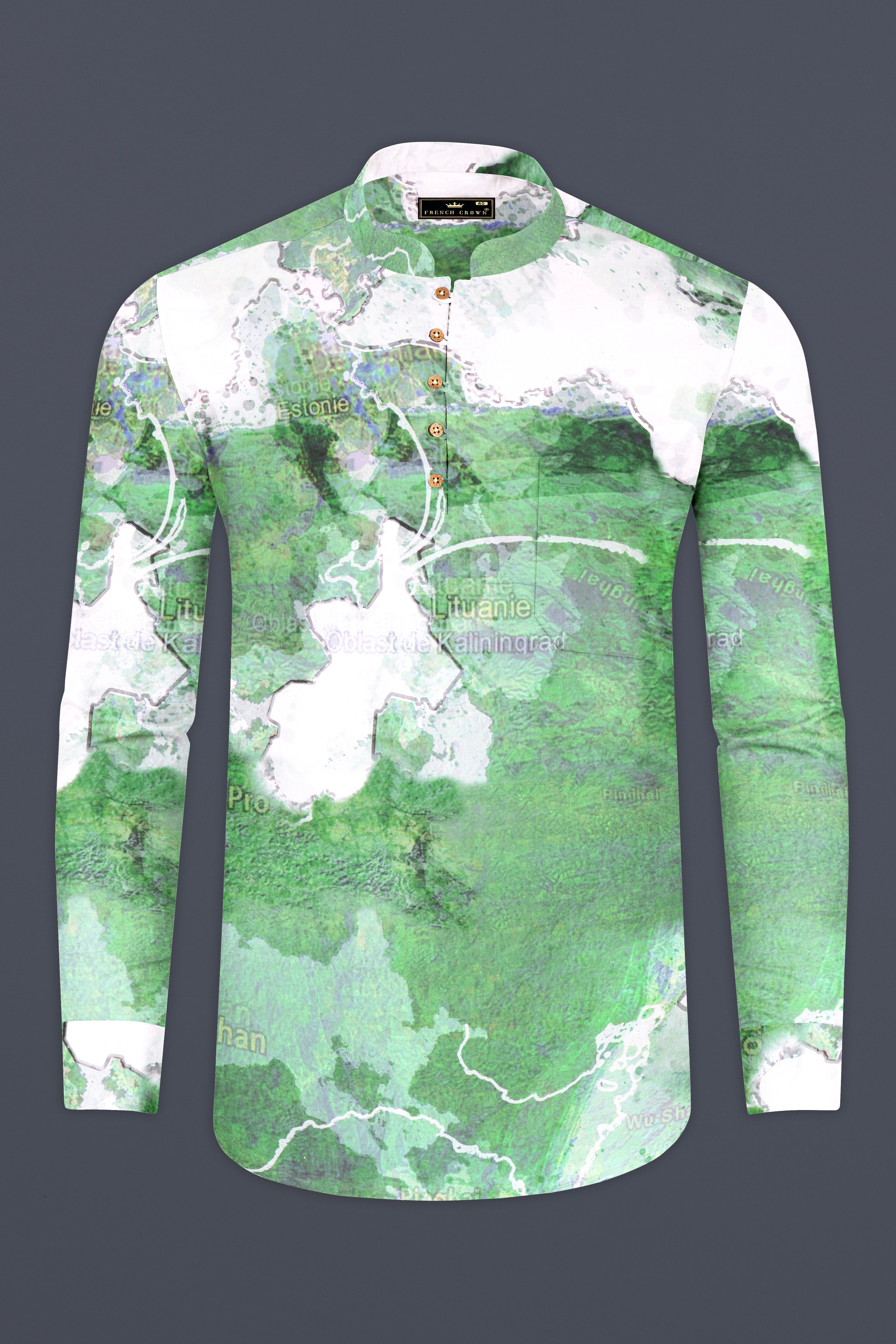 Spring Leaves and Bright White Map Printed Designed Premium Cotton Kurta Shirt