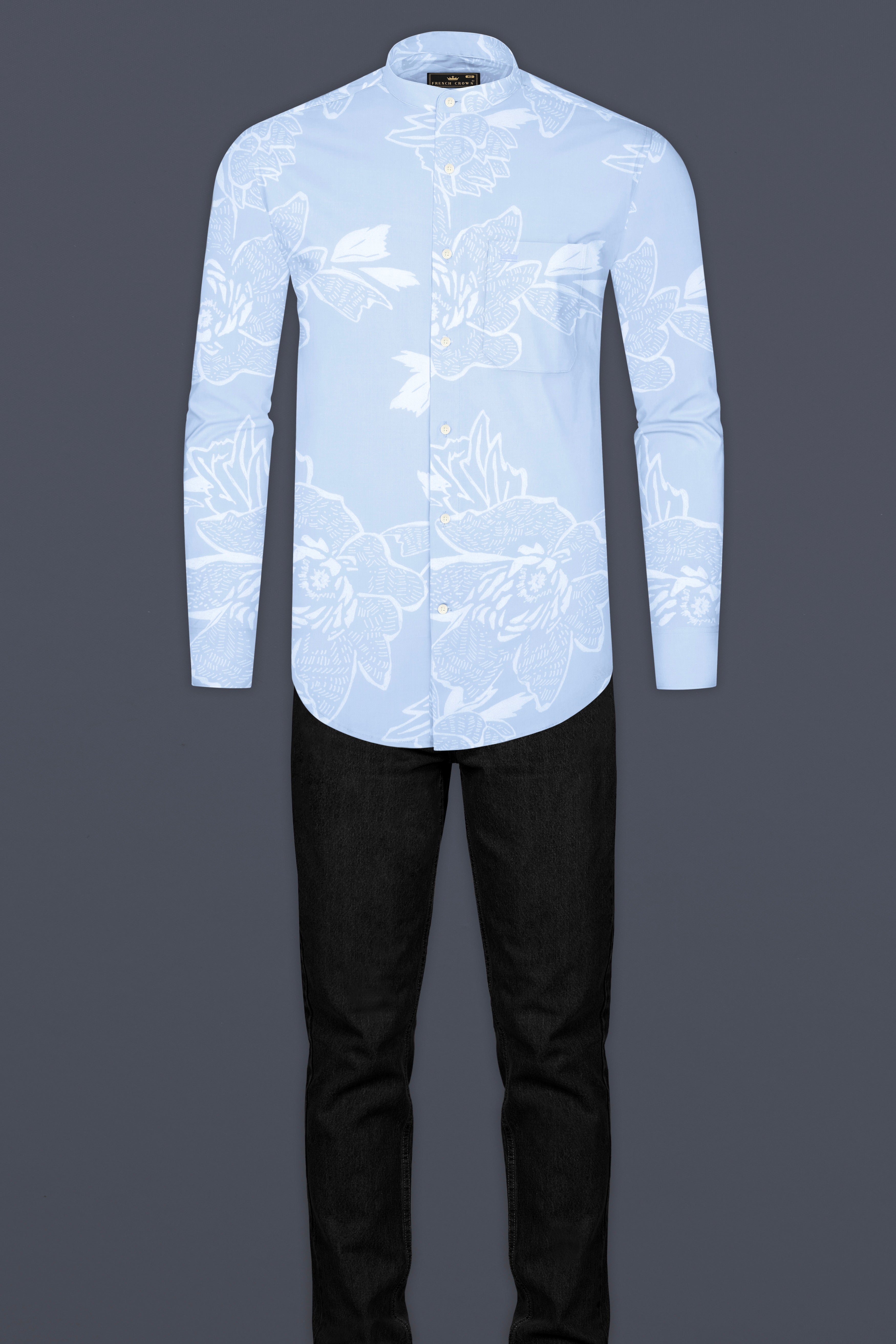 Cloudy Blue Hibiscus Flowers Printed Premium Cotton Shirt