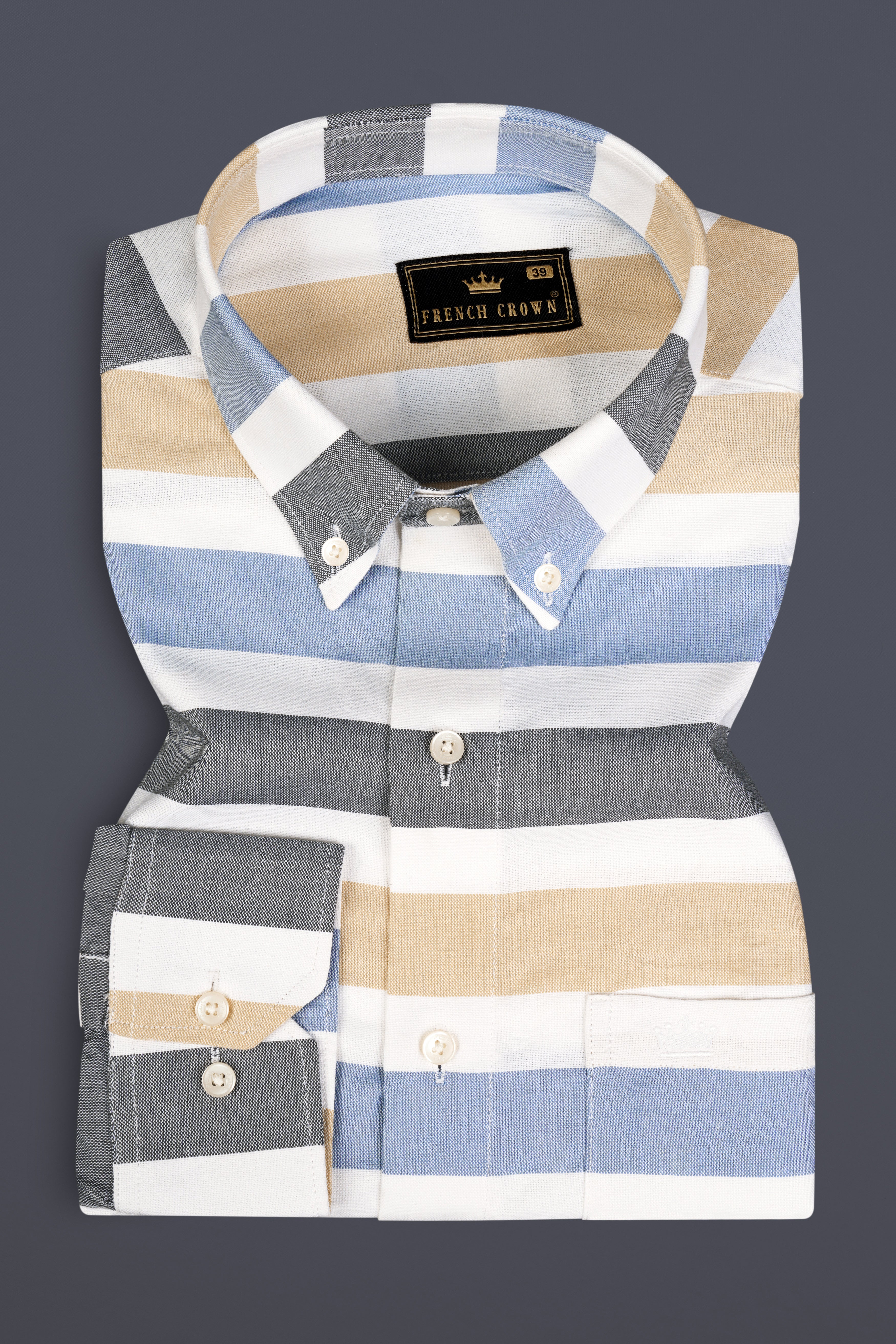 Bright White with Periwinkle Blue Multicolour Horizontal Striped Royal Oxford Shirt