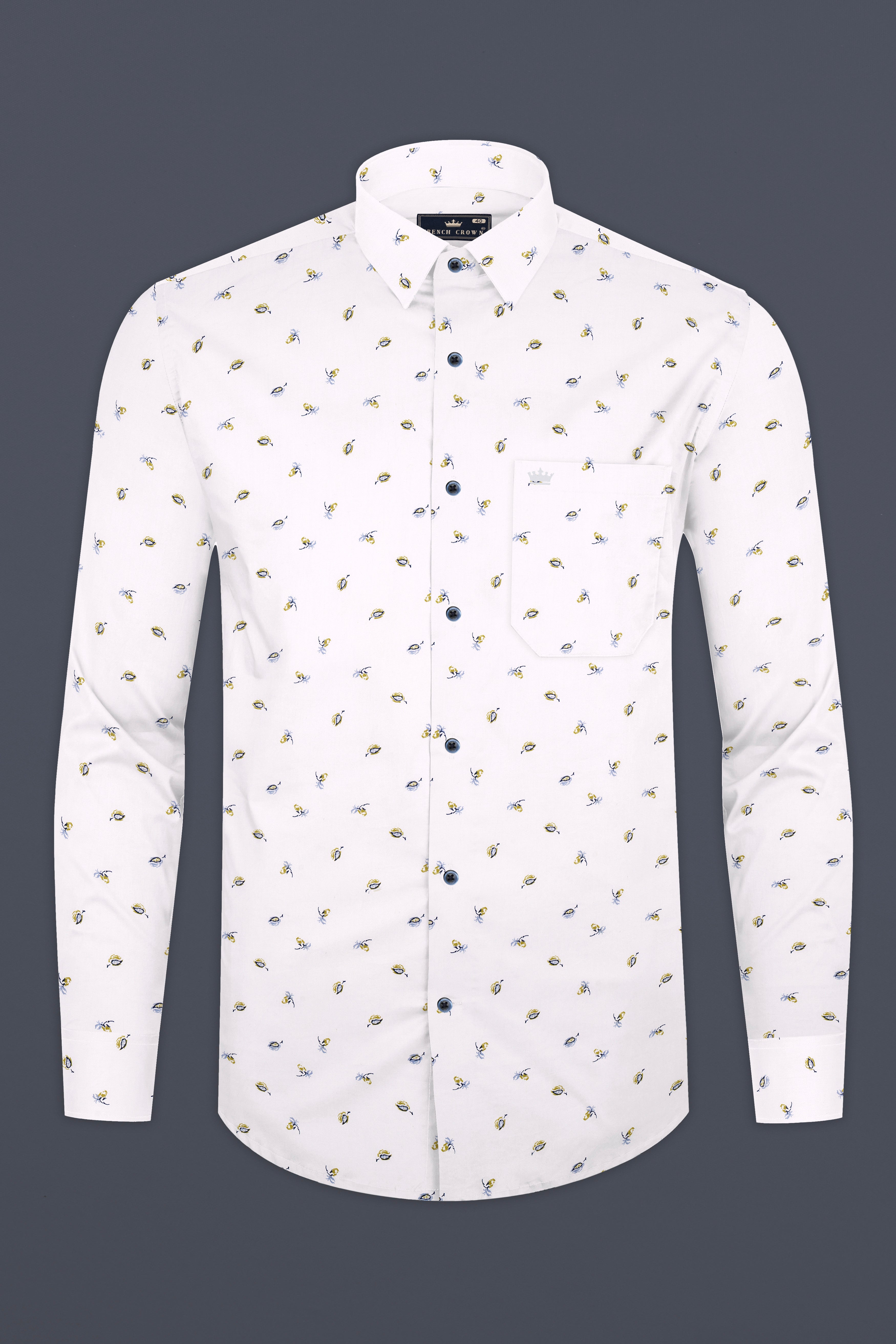 Bright White Printed Super Soft Leaves Printed Premium Cotton Shirt