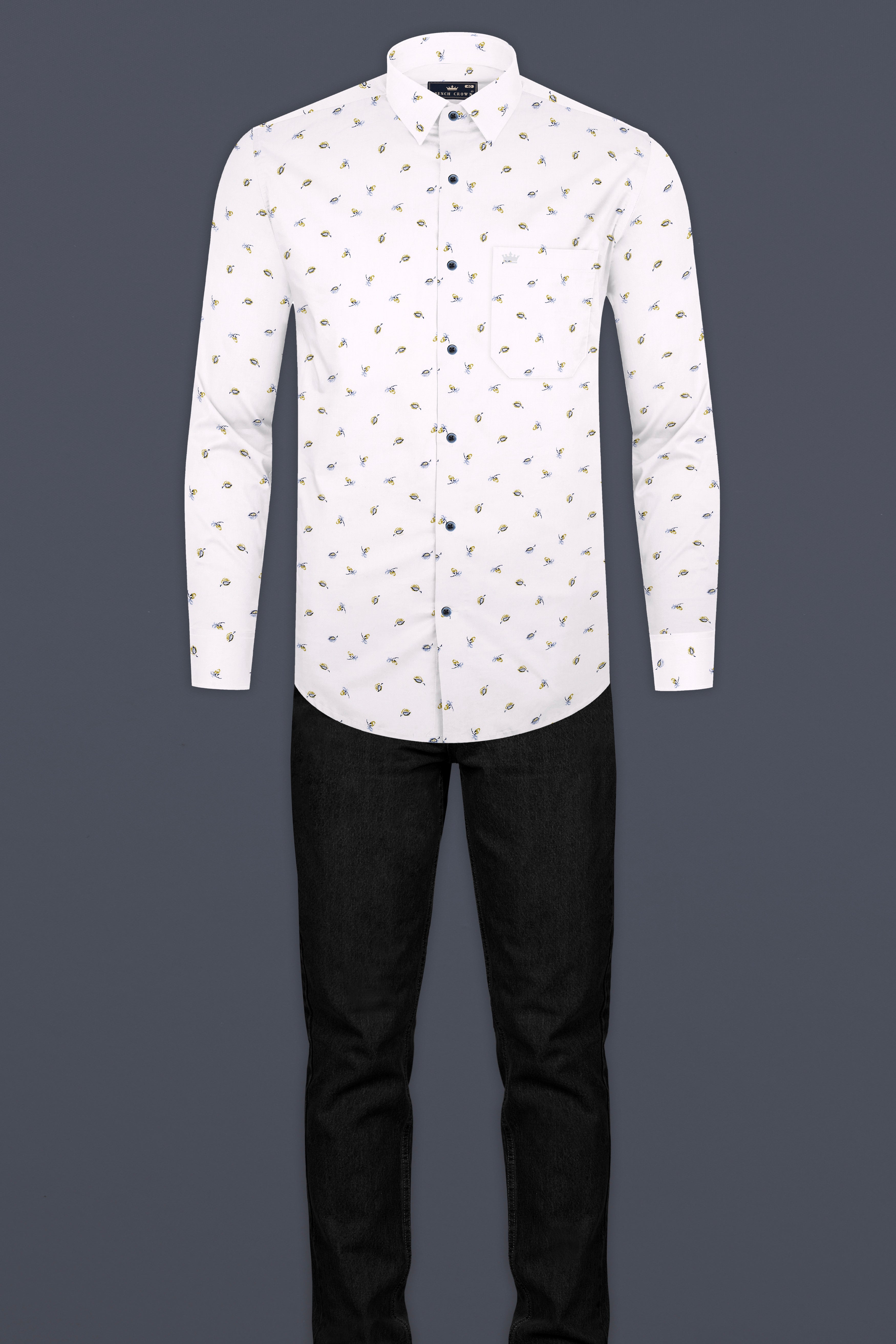 Bright White Printed Super Soft Leaves Printed Premium Cotton Shirt