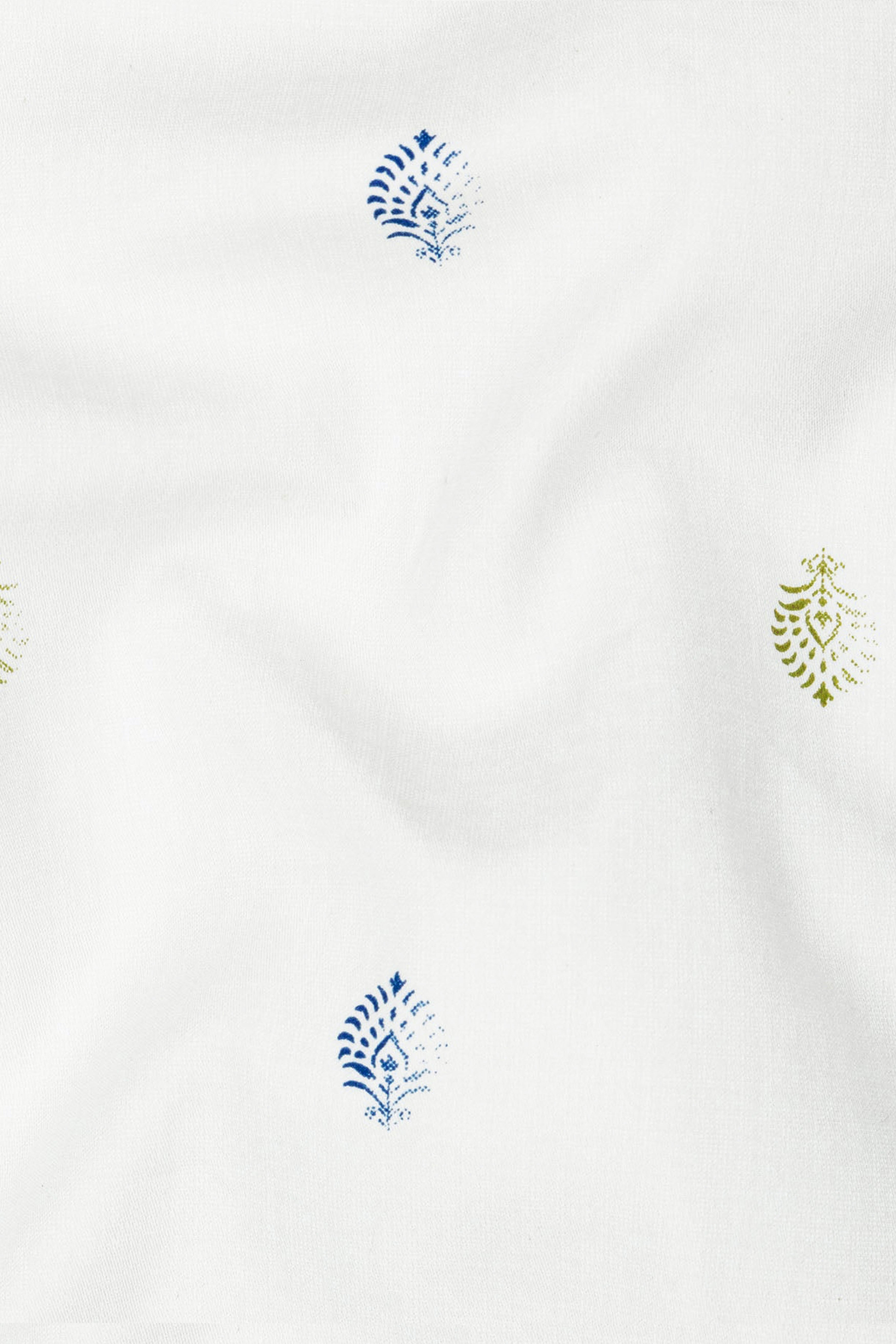 Bright White and Avocado Green Small Motifs Textured Super Soft Premium Cotton Shirt