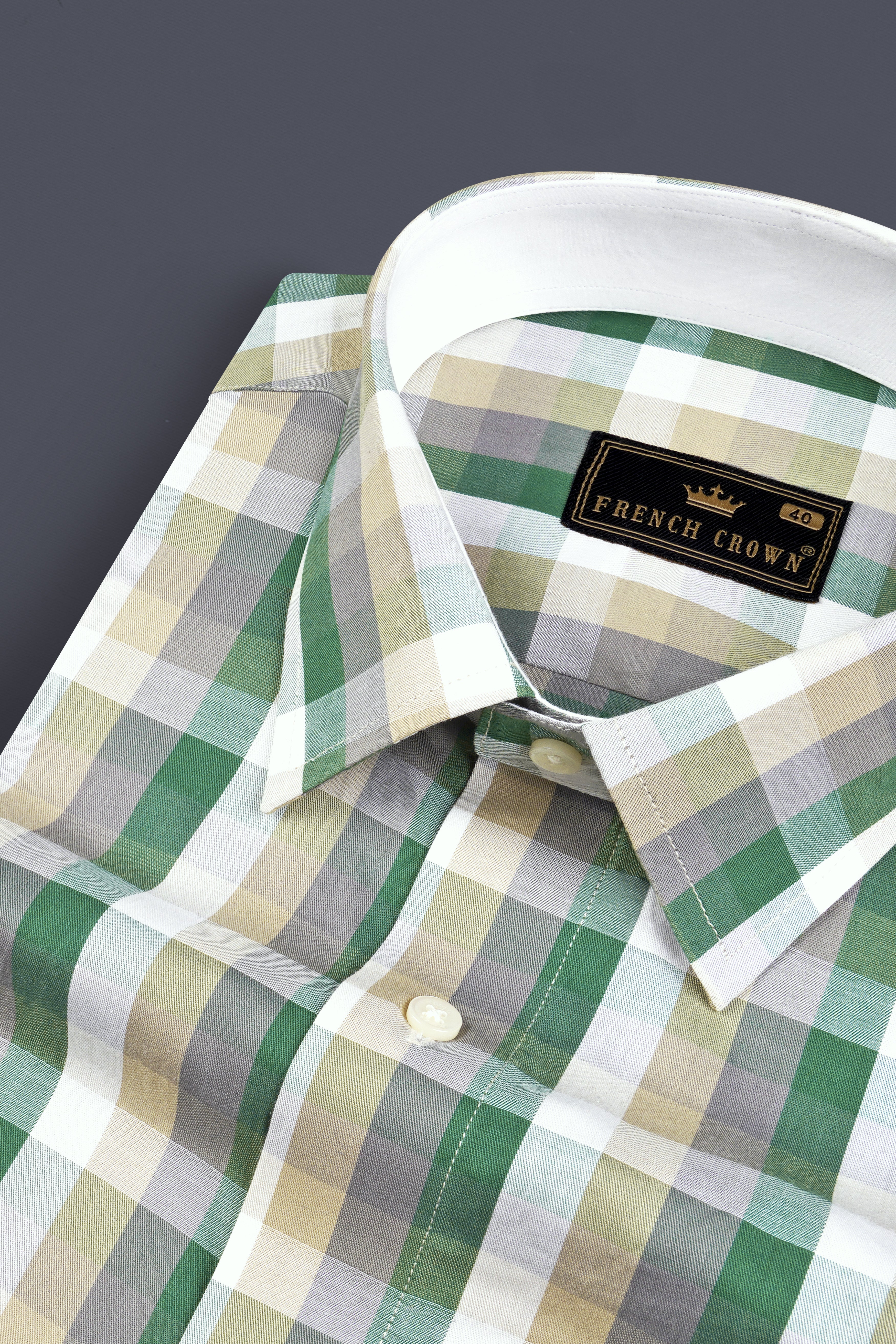 Janna Beige and Greenish Plaid Twill Textured Premium Cotton Shirt