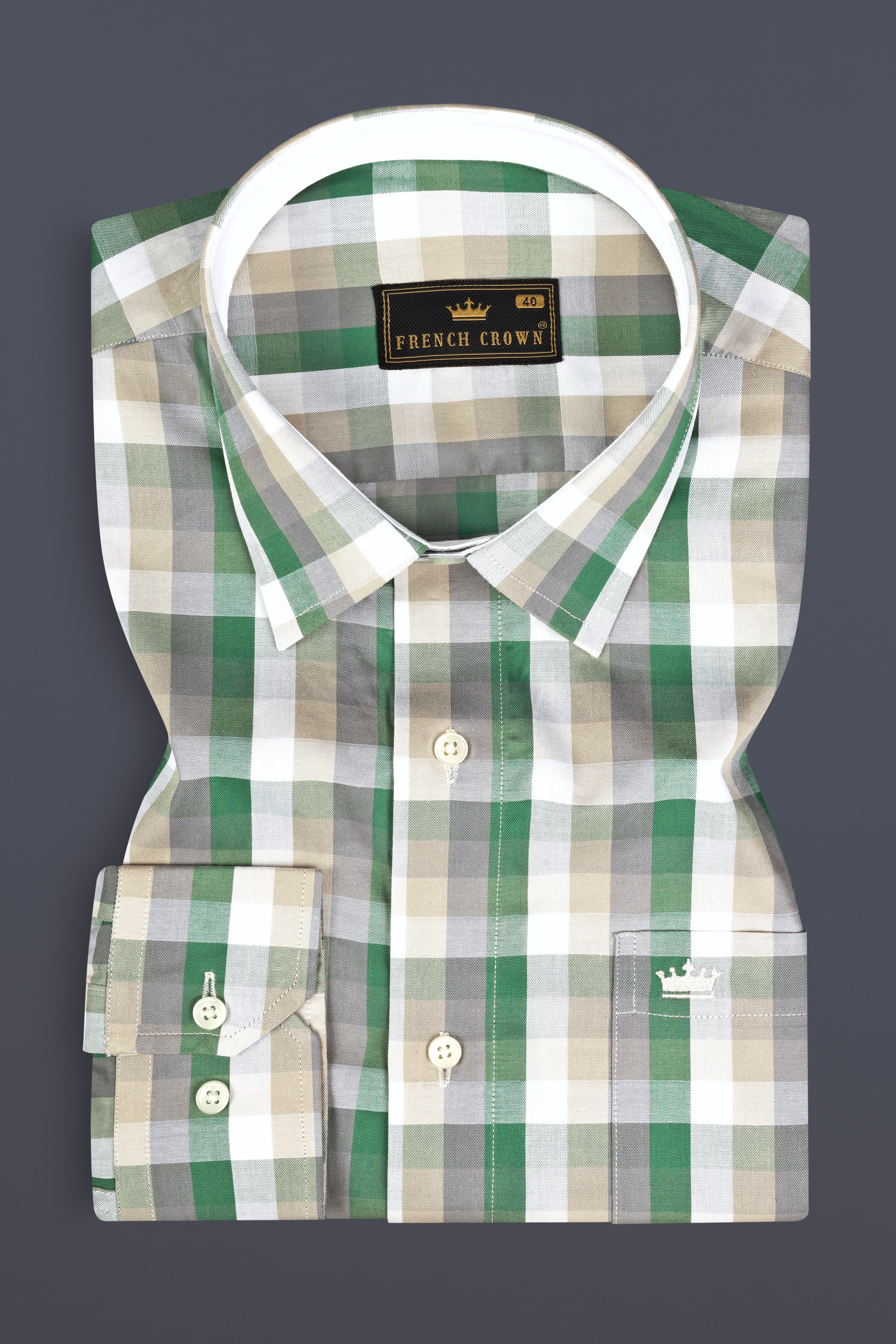 Janna Beige and Greenish Plaid Twill Textured Premium Cotton Shirt