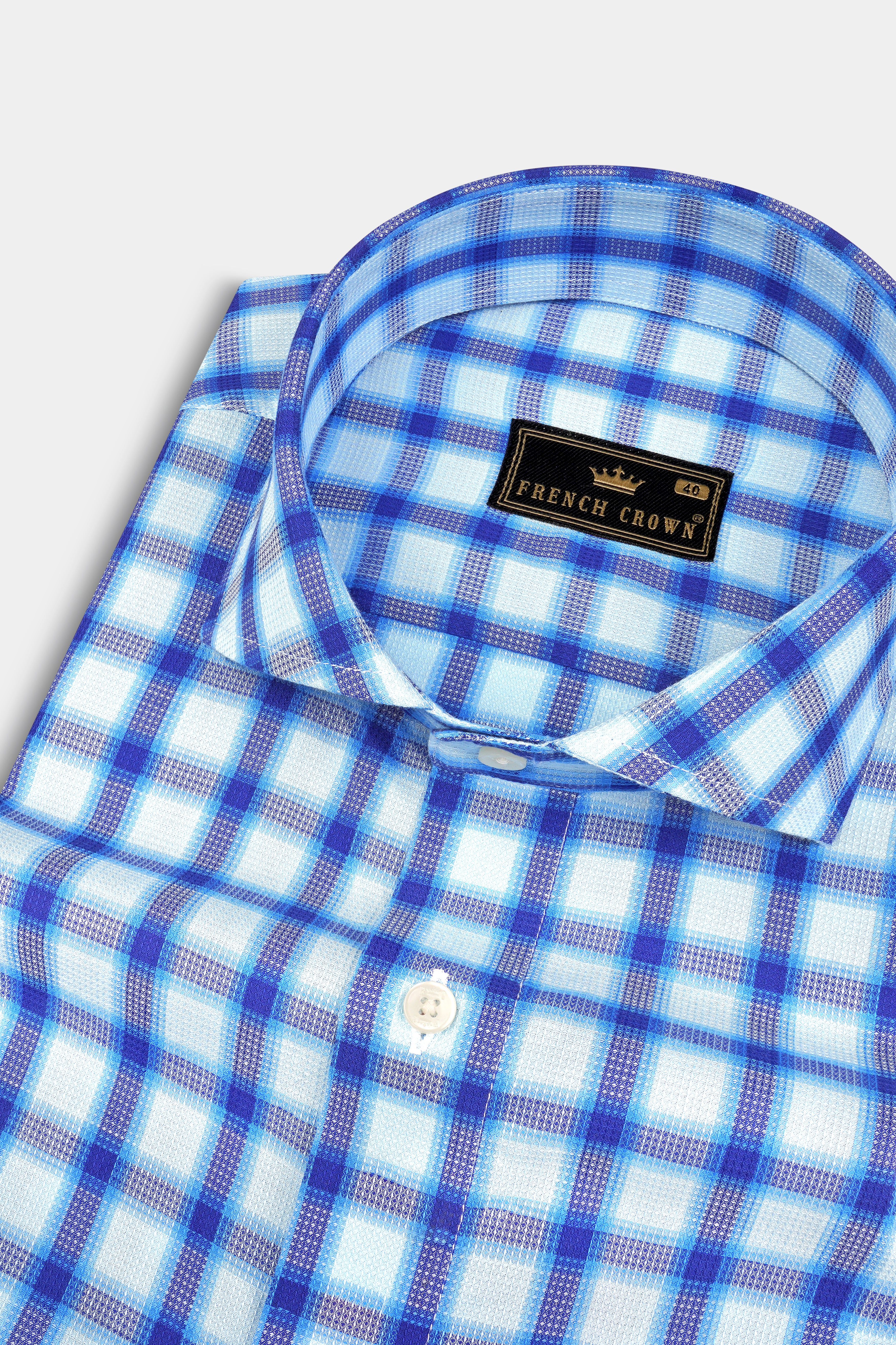 Jagged Ice and Cerulean Blue Checkered Dobby Textured Premium Giza Cotton Shirt