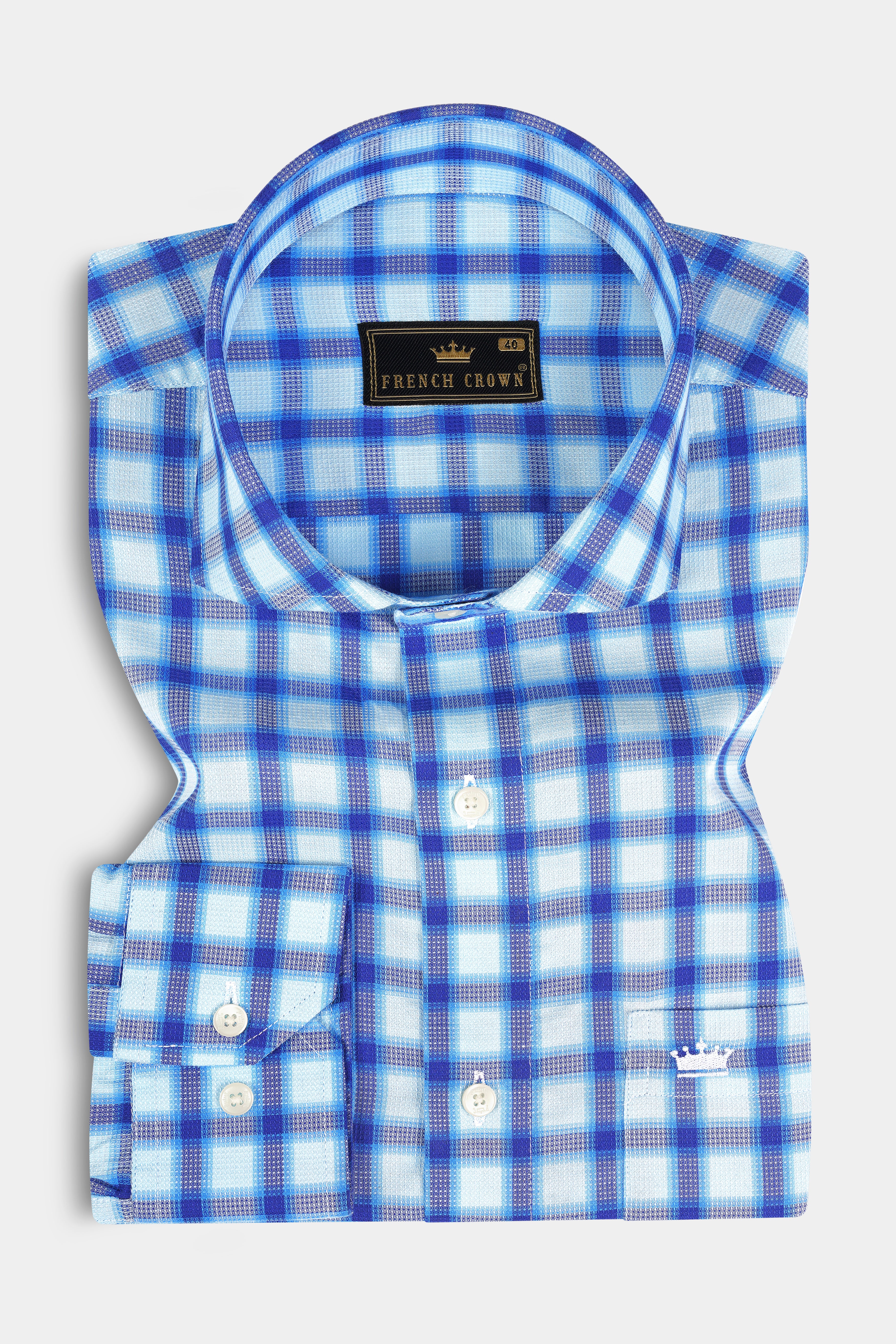 Jagged Ice and Cerulean Blue Checkered Dobby Textured Premium Giza Cotton Shirt