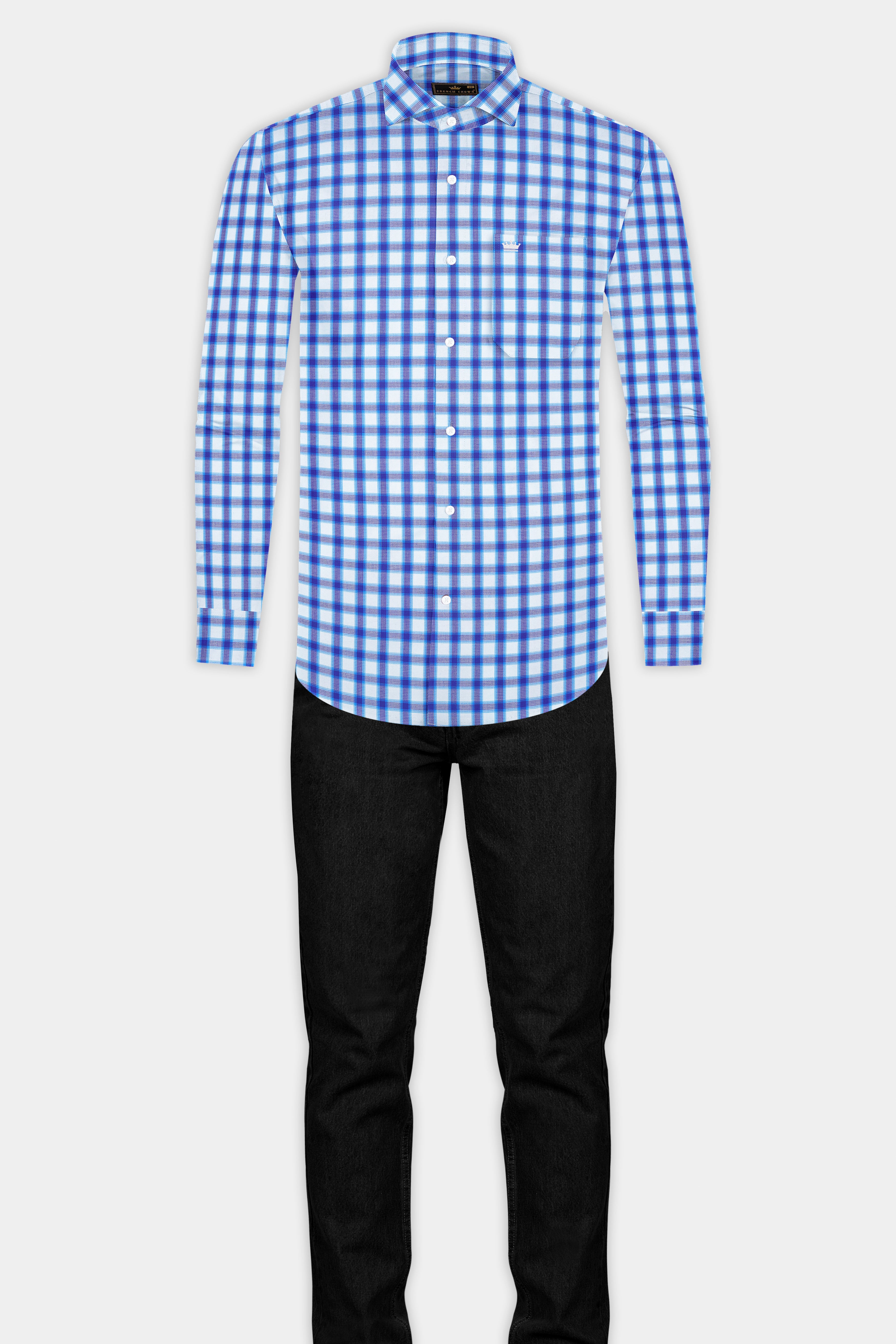 Jagged Ice and Cerulean Blue Checkered Dobby Textured Premium Giza Cotton Shirt