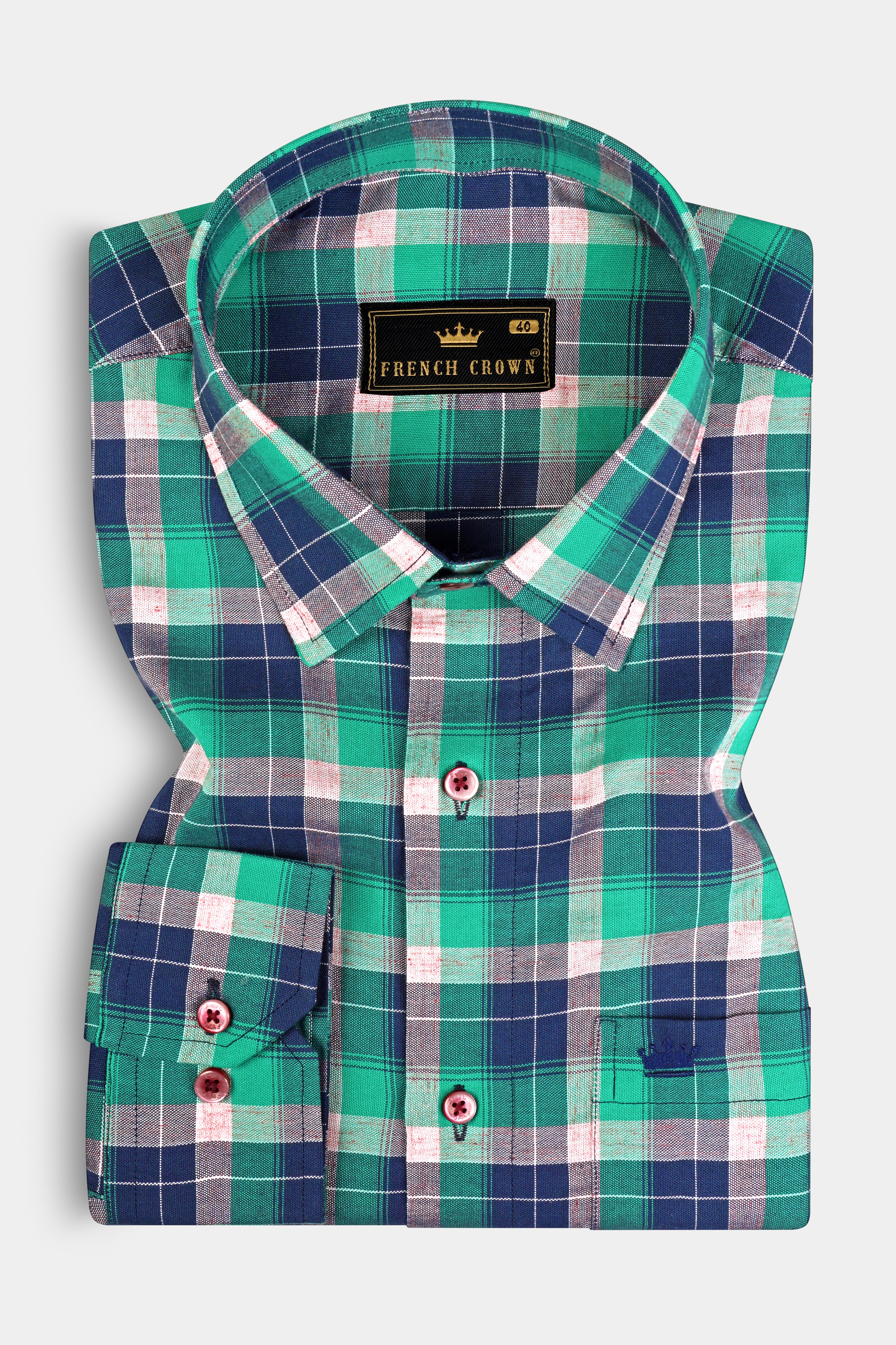 Chambray Blue and Topaz Green Plaid Royal Oxford Shirt