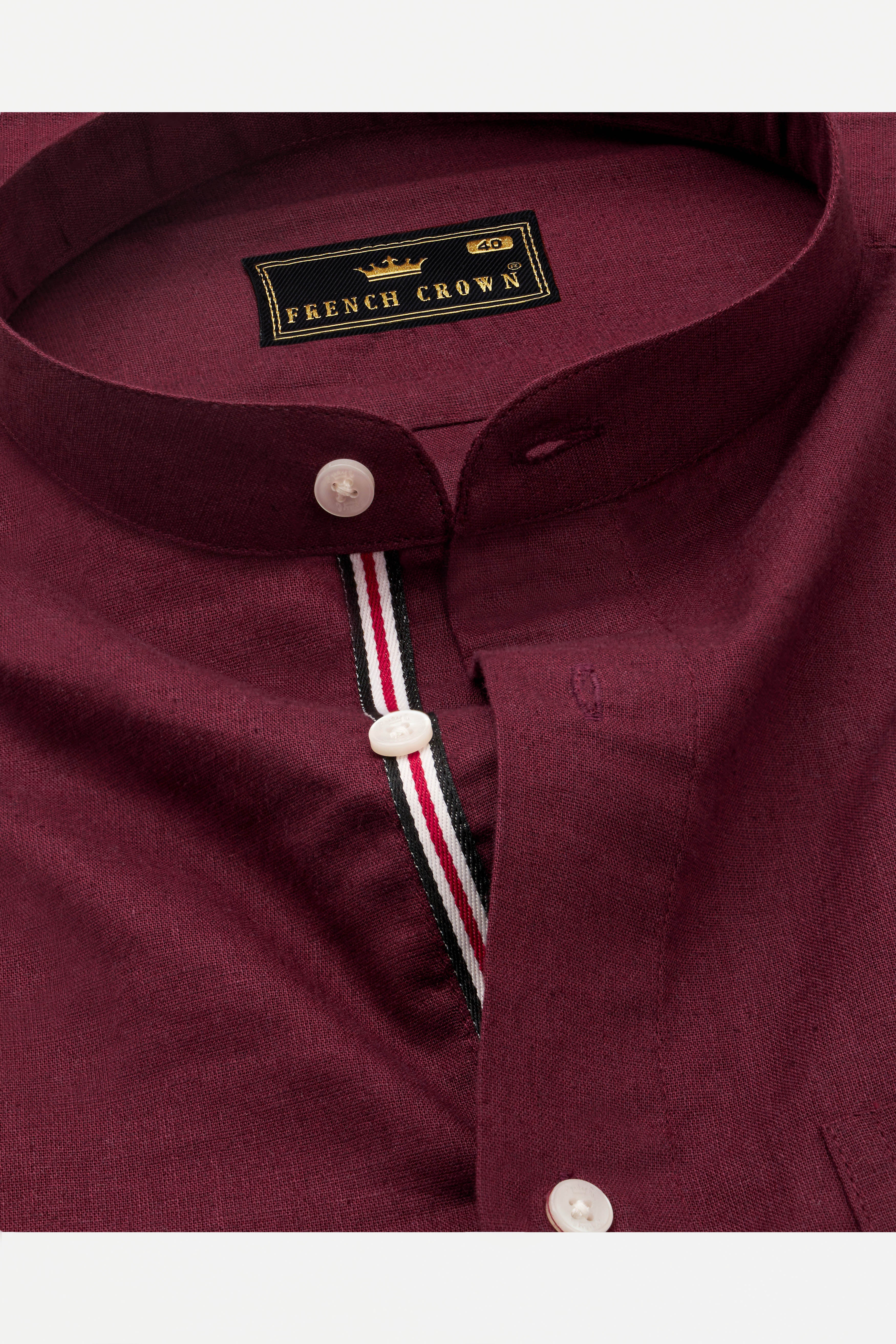 Cocoa Bean Maroon with French Crown Signature Embroidered Luxurious Linen Designer Shirt