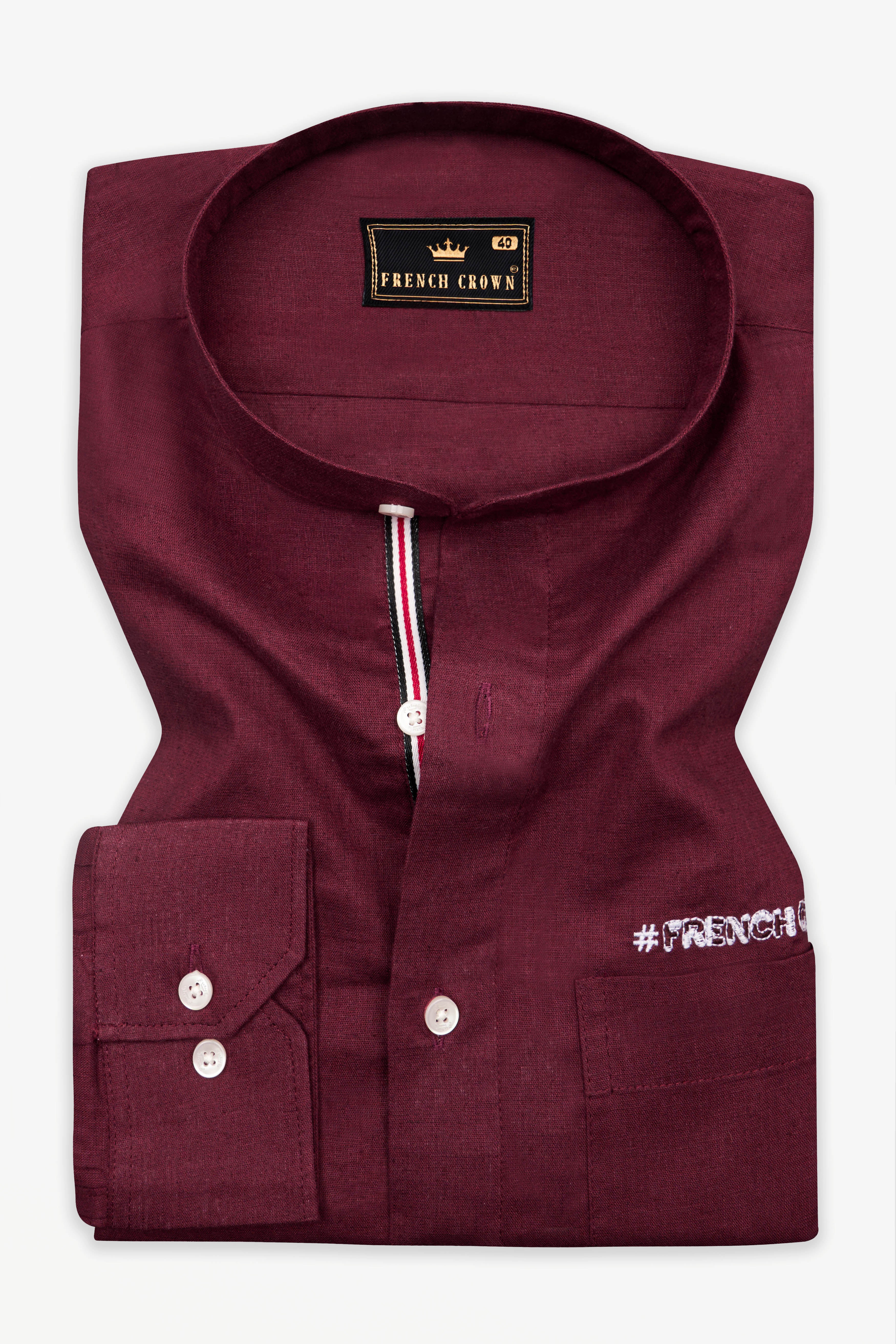 Cocoa Bean Maroon with French Crown Signature Embroidered Luxurious Linen Designer Shirt