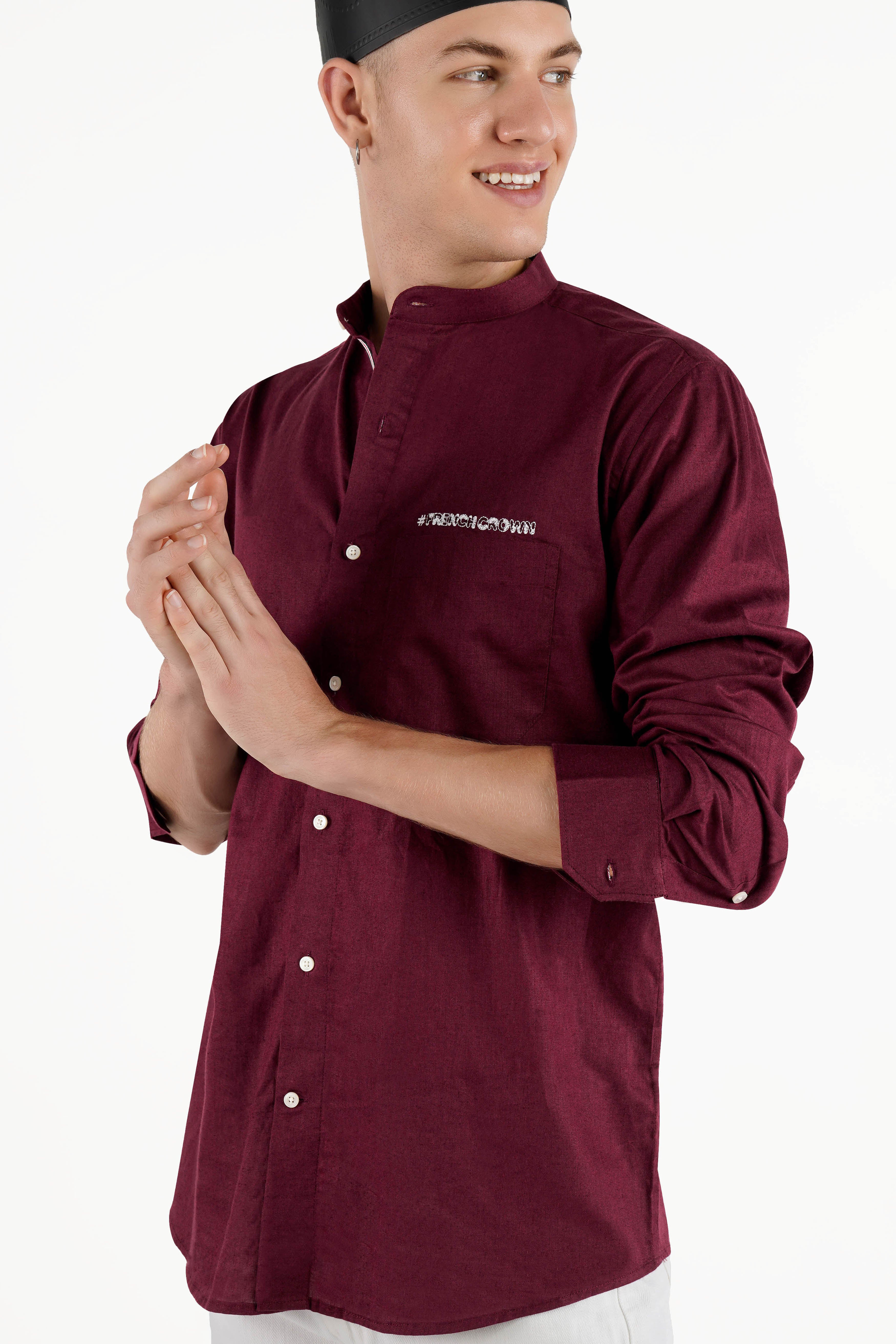 Cocoa Bean Maroon with French Crown Signature Embroidered Luxurious Linen Designer Shirt