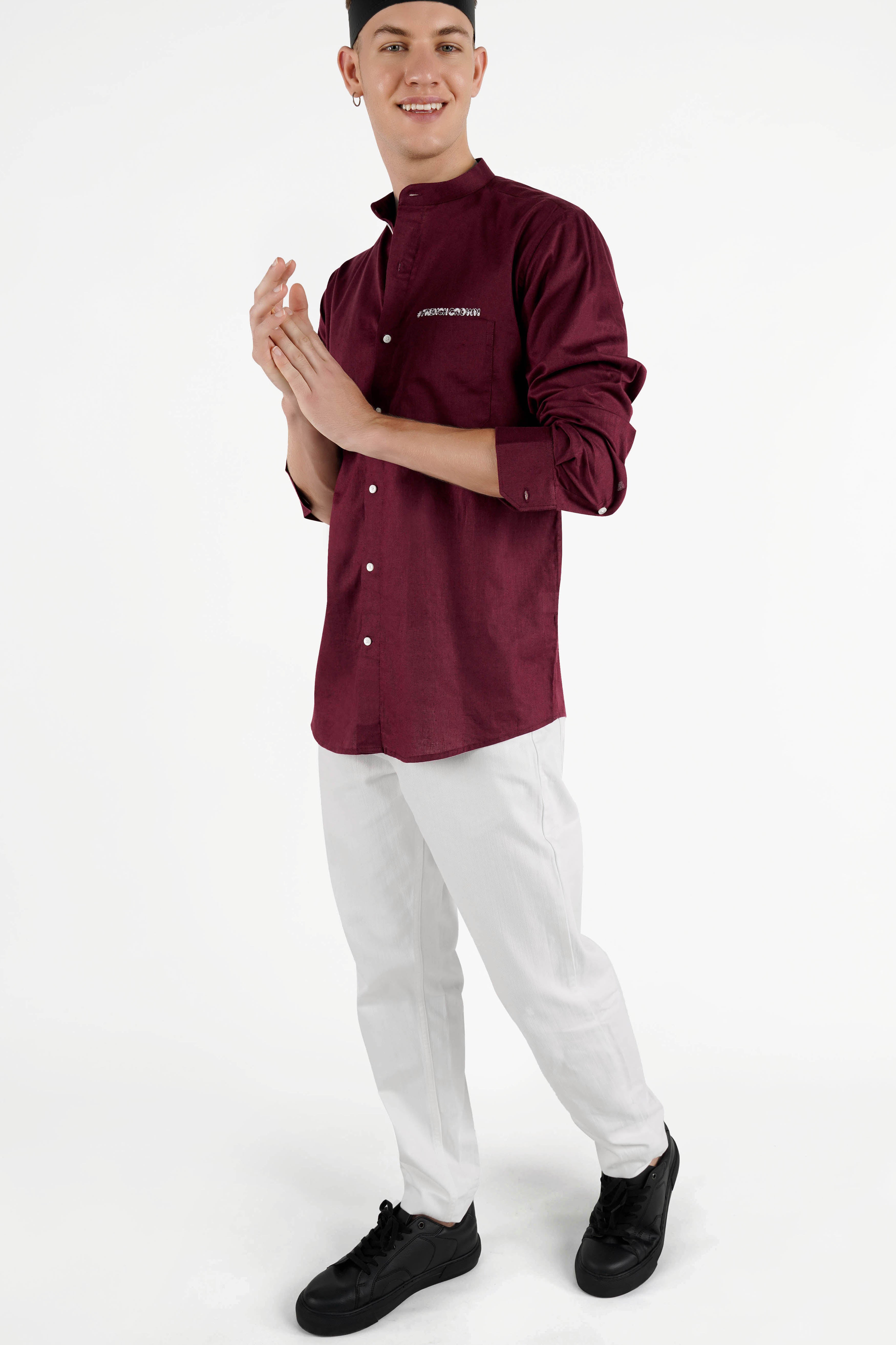 Cocoa Bean Maroon with French Crown Signature Embroidered Luxurious Linen Designer Shirt