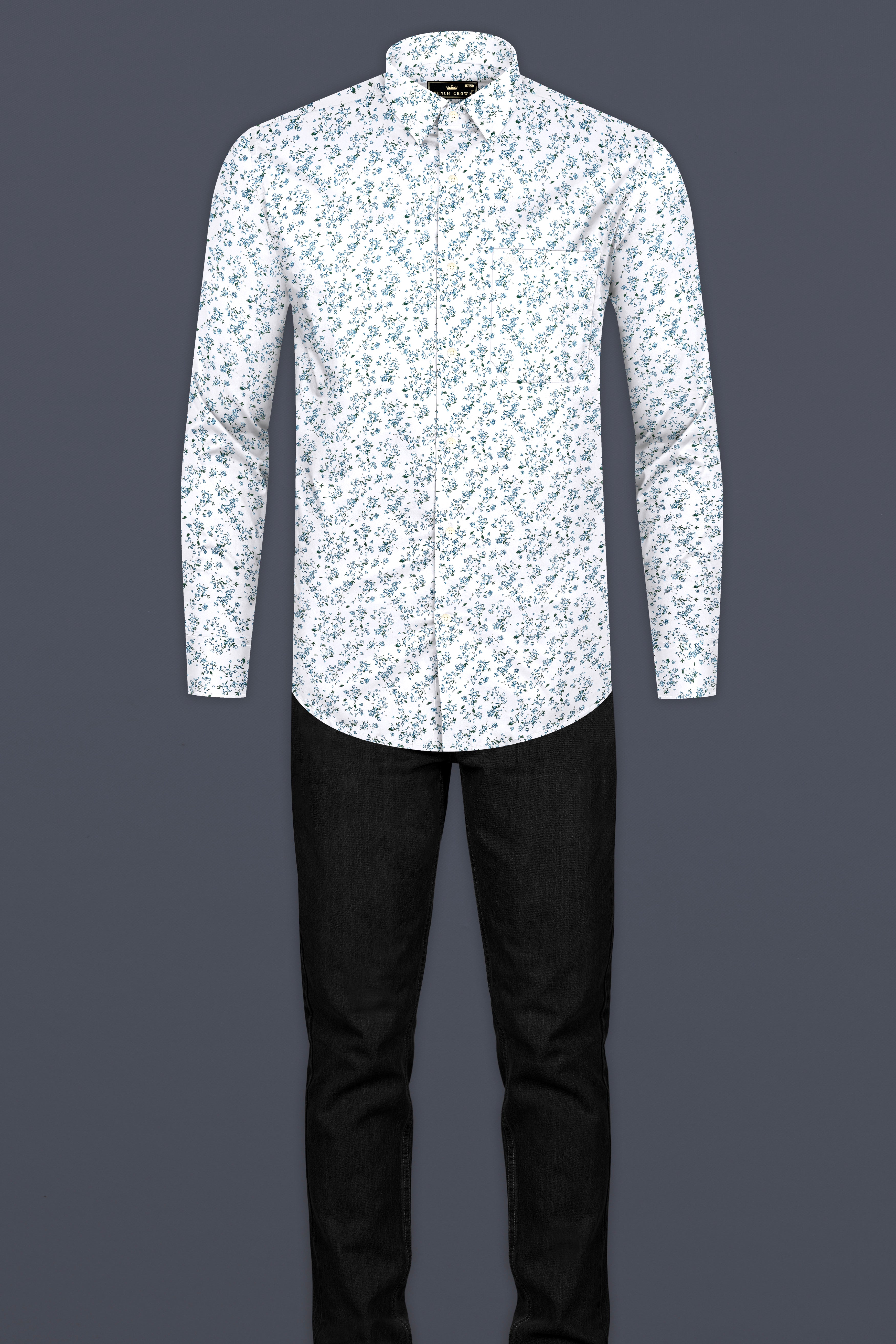 Bright White Quirky Twill Textured With Ditzy Printed Premium Cotton Shirt