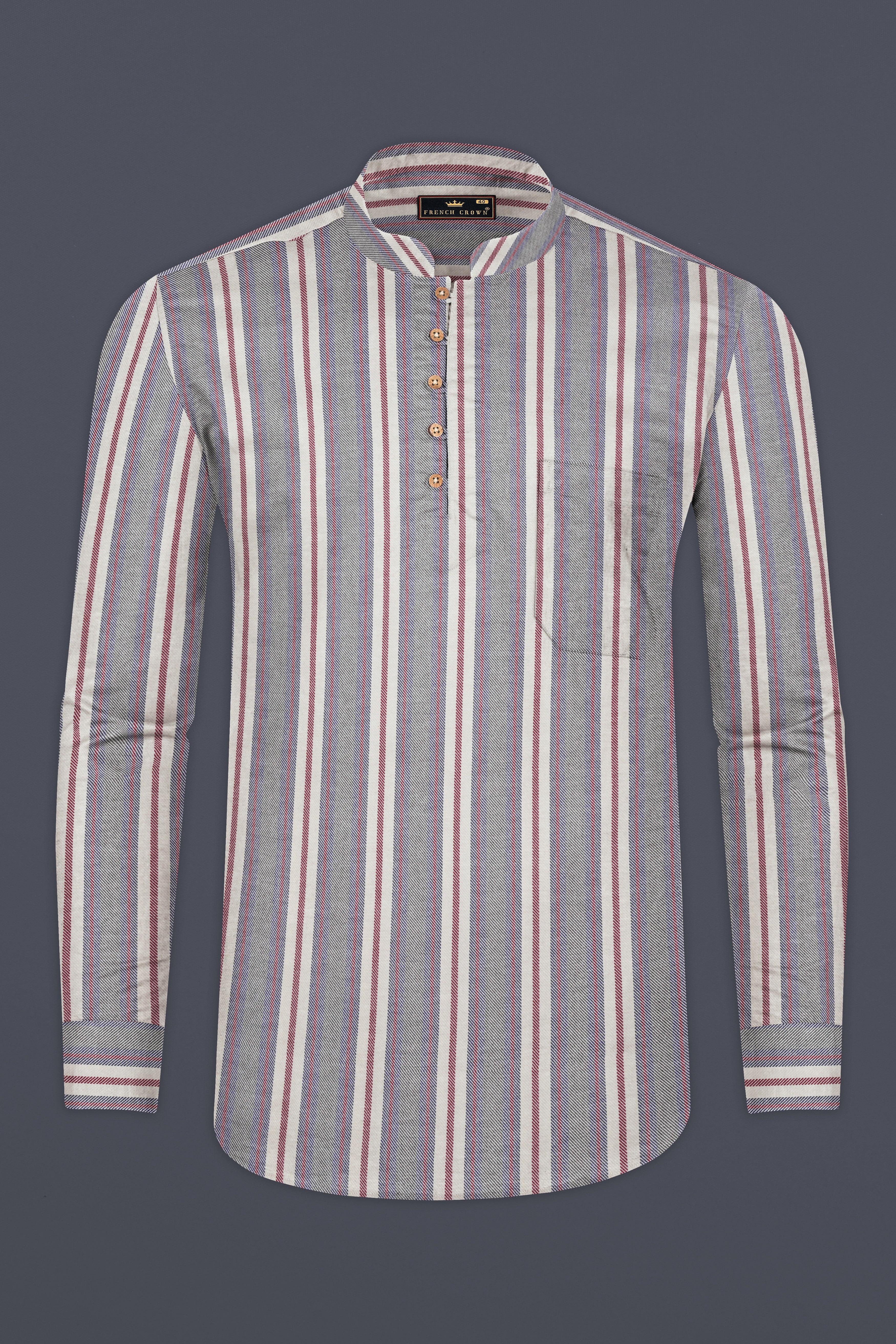 Boulder Gray Striped Diagonal Twill Textured Premium Cotton Kurta Shirt