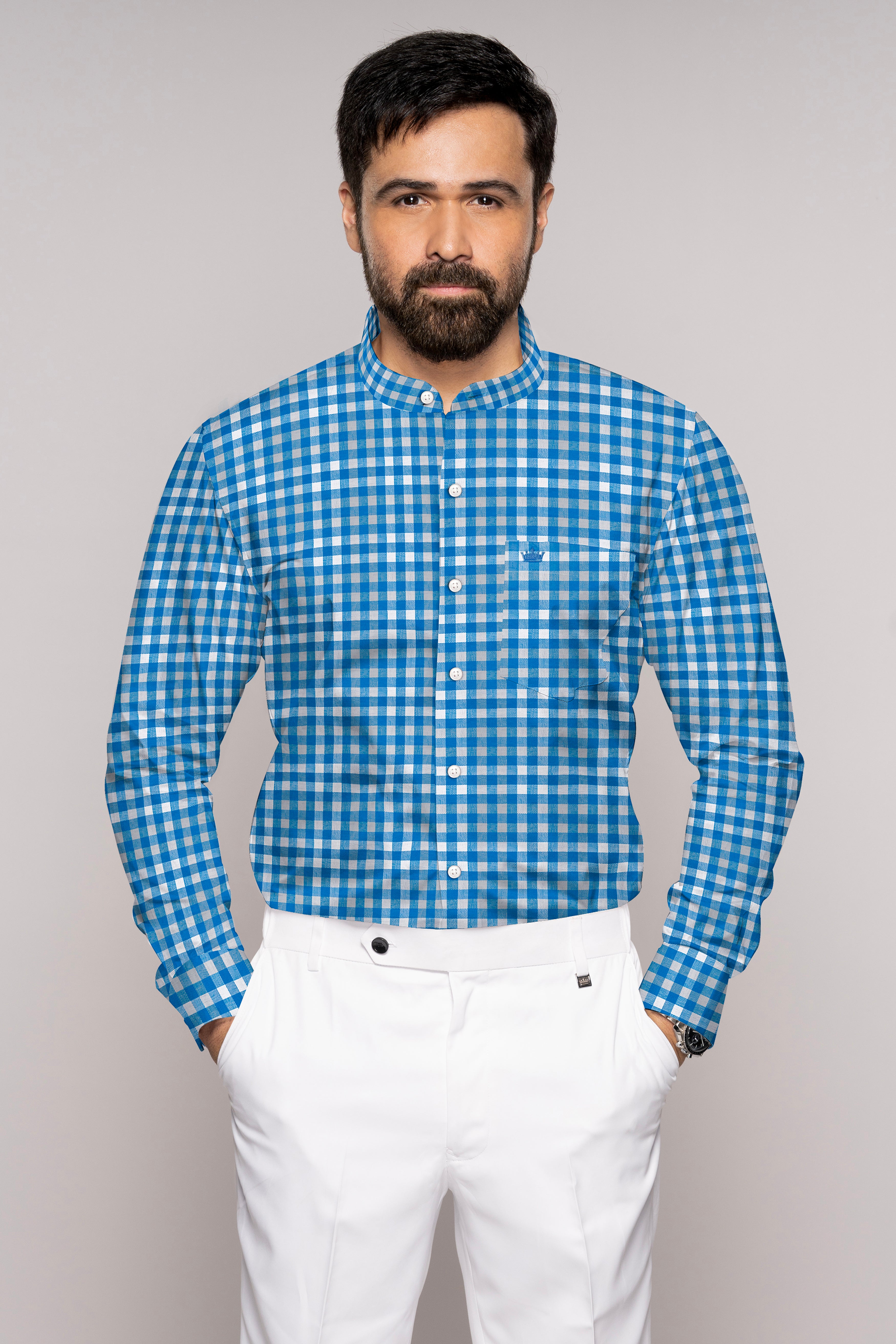 Medium Blue Gingham Twill Premium Cotton Shirt