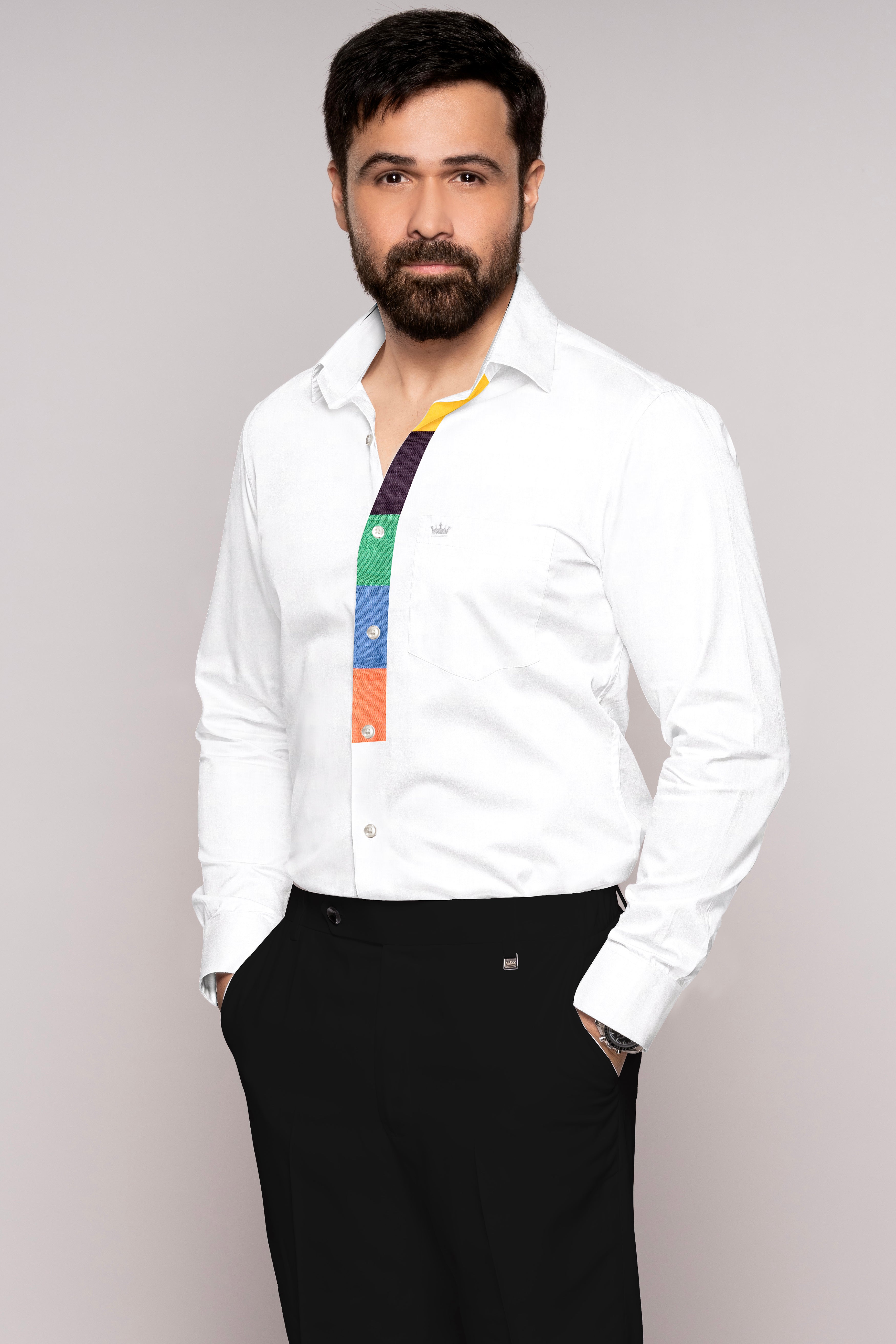 Bright White with colorful placket Luxurious Linen Shirt