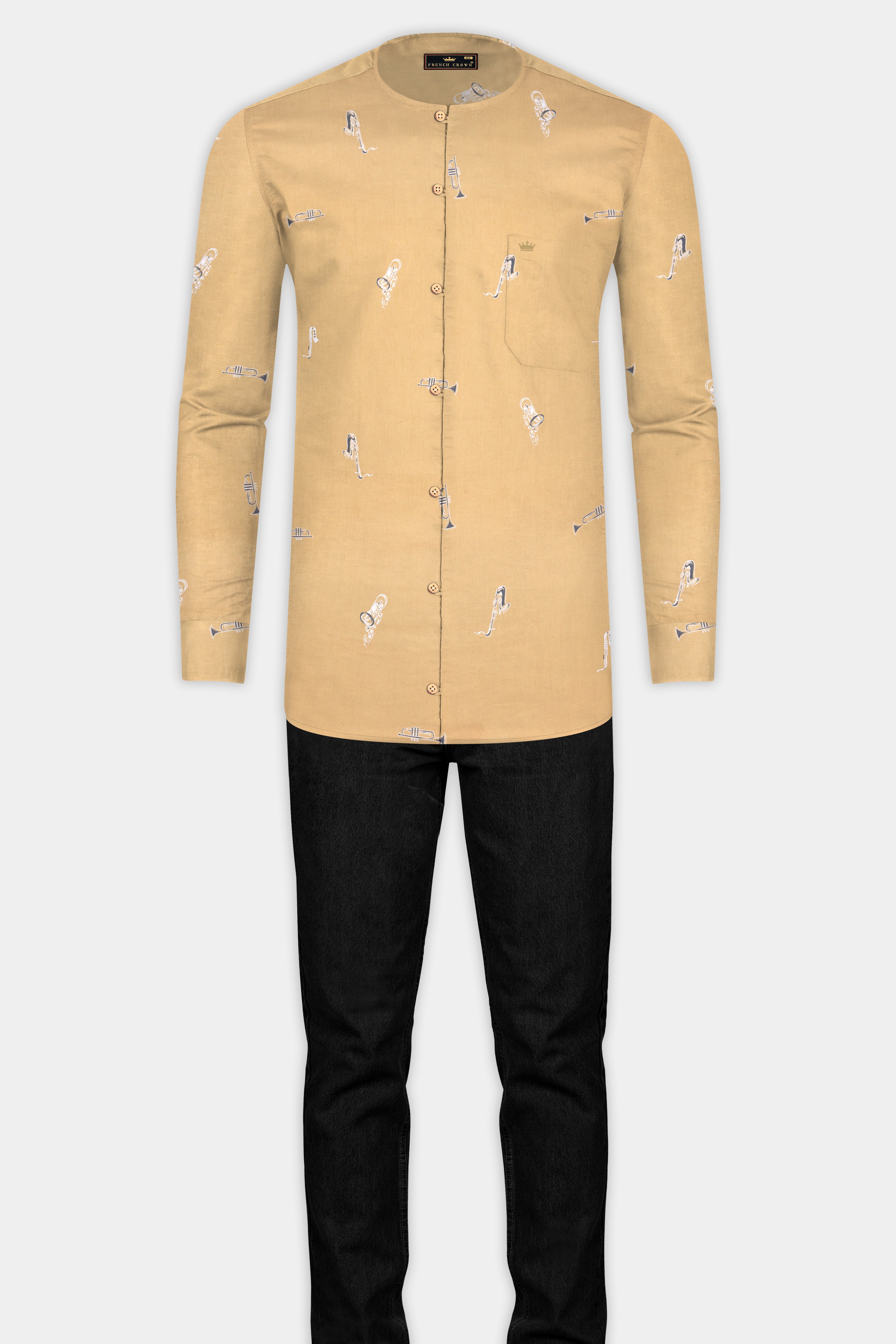 Fawn Brown Saxophone Printed Super Soft Premium Cotton Kurta Shirt