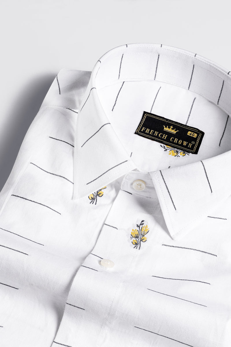 Bright White Linear and Floral Jacquard Textured Premium Giza Cotton Shirt