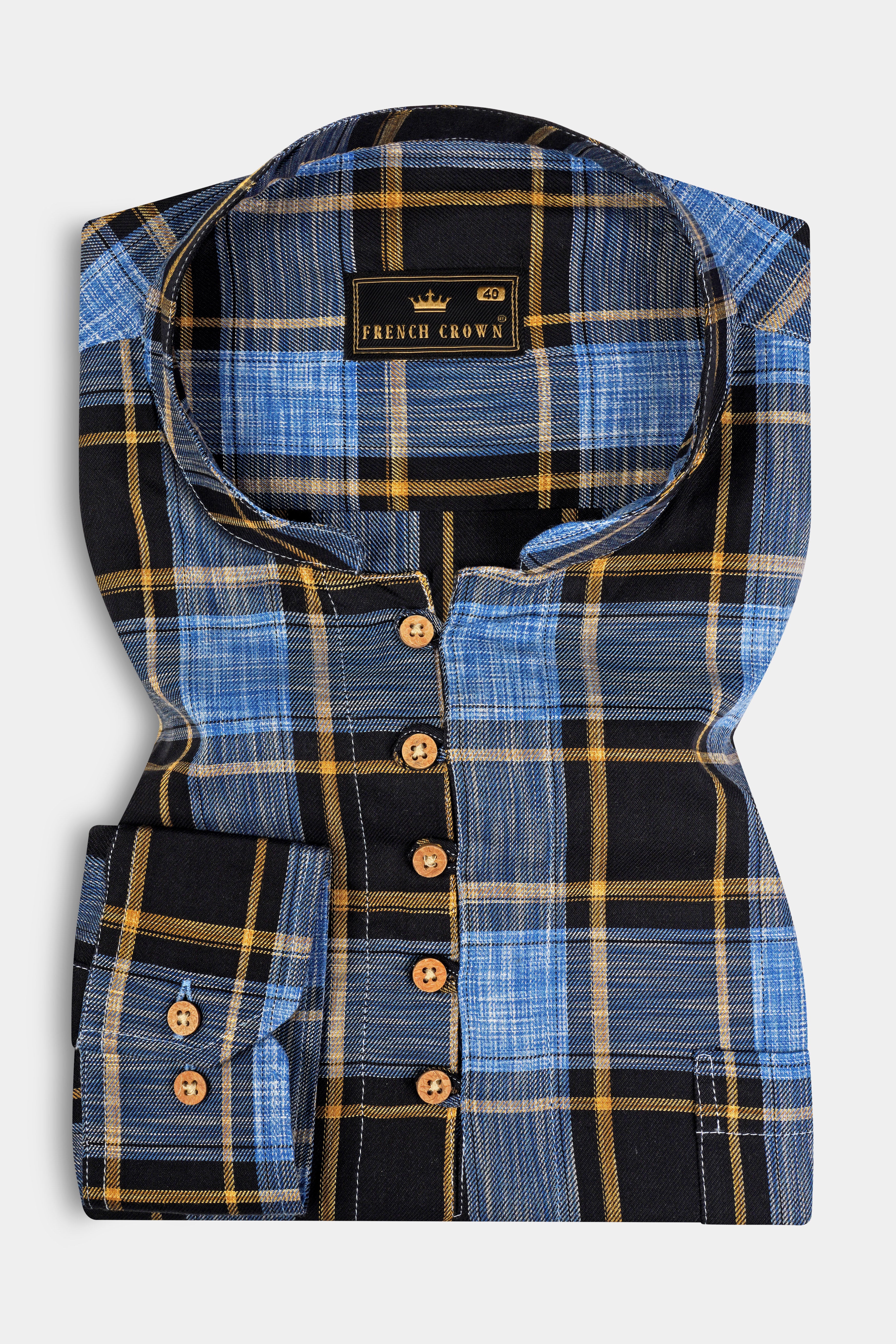 Portage Blue and Jade Black Twill Plaid Premium Cotton Kurta Shirt