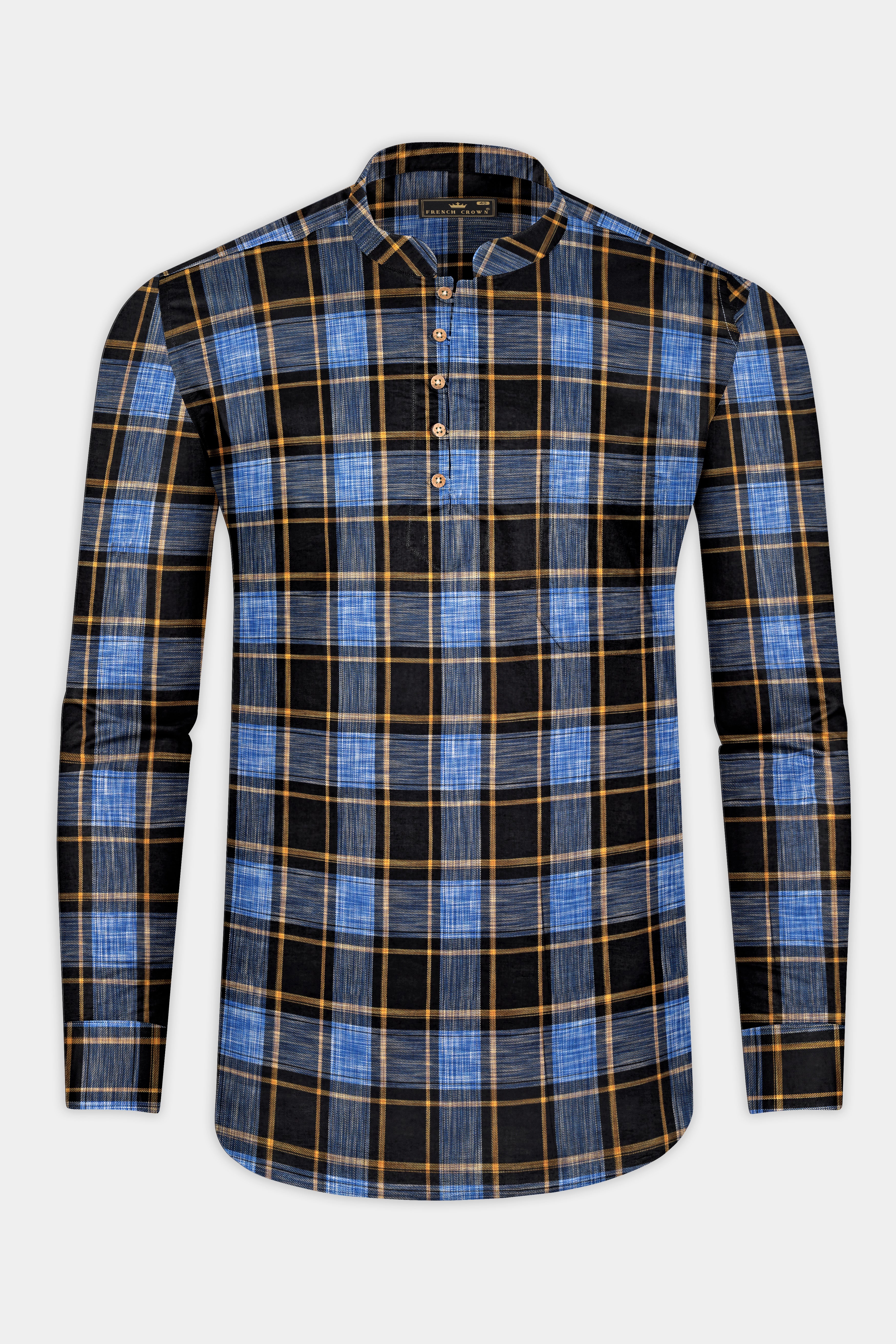 Portage Blue and Jade Black Twill Plaid Premium Cotton Kurta Shirt